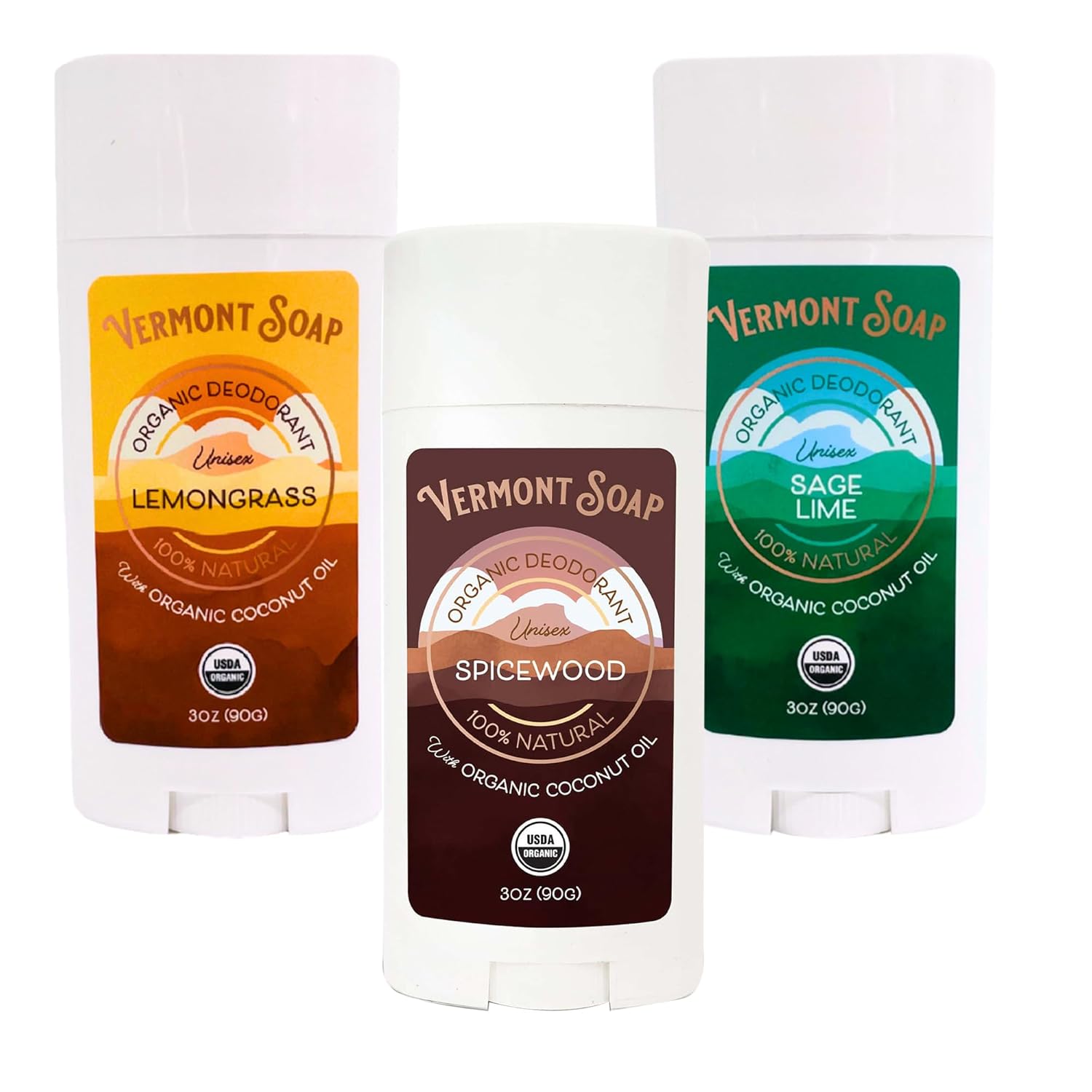 Vermont Soap Deodorant, Pack of 3 Variety - Organic Lemongrass, Spicewood & Sage Lime Deodorant, Antiperspirant Natural Deodorant for Men & Women, Paraben Free & Aluminum Free Deodorant - 3 oz.
