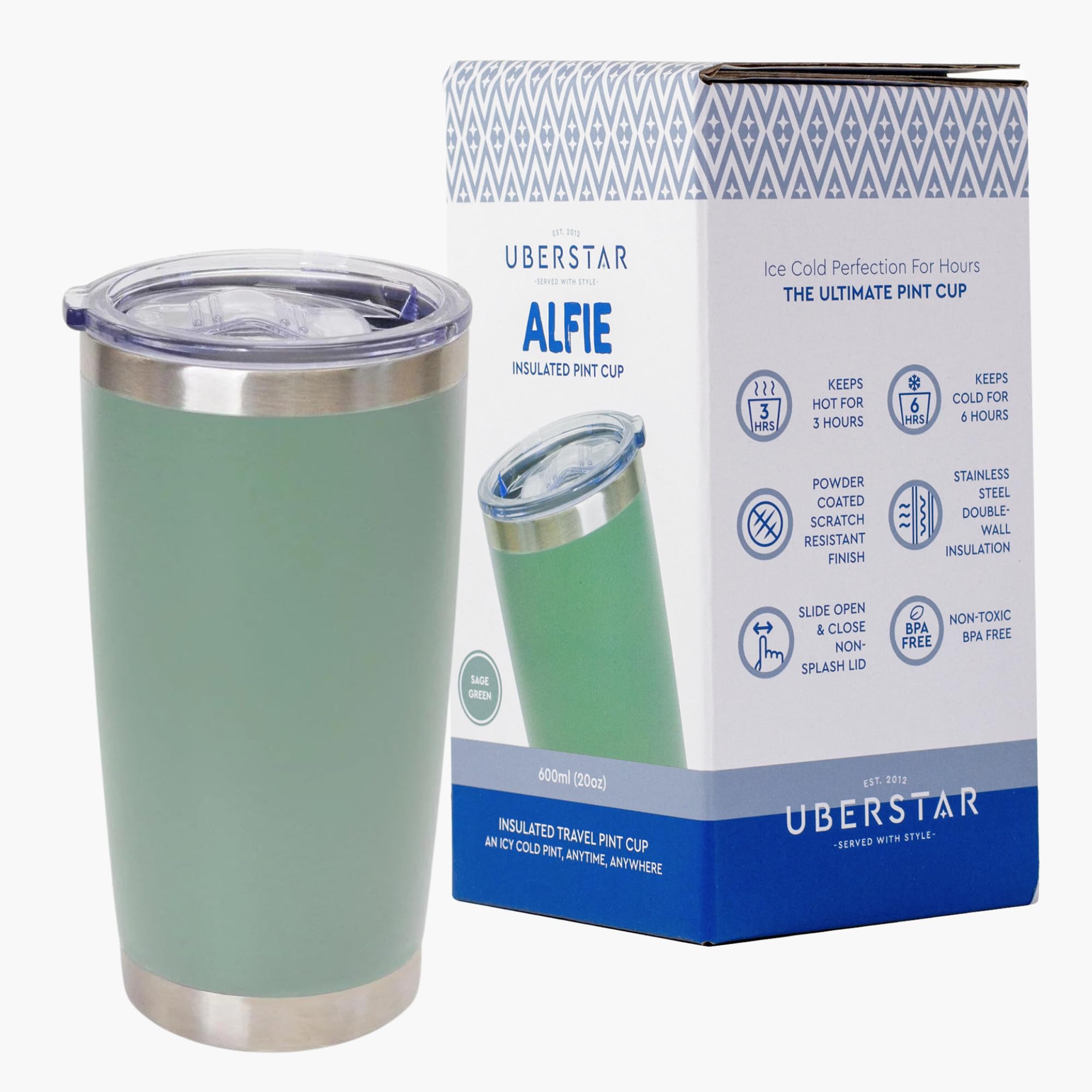 EST 2012 UBERSTAR BARWARE & GIFTS Alfie Stainless Steel Insulated Travel Pint Flask/Hot or Cold Drinks/Pint Size-600ml / Cup with Lid/Beer Cider Water Coffee (Sage Green)