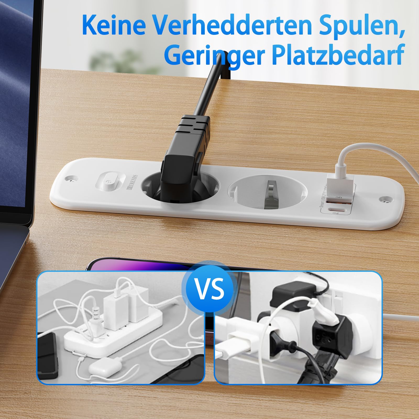 Blat wysuwane gniazdko z 4 portami USB (2 × USB-A + 2 × USB-C) i przełącznikiem, listwa zasilająca do zabudowy, listwa zasilająca z 2 gniazdami 2 m, 4000 W/16 A, gniazdko stołowe do biura, biura