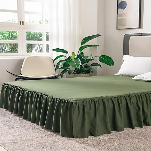 Miniatura 3 de Falda de cama verde con volantes de tamaño Queen con esquinas divididas, falda de cama Queen de 14 pulgadas de caída, falda de cama TSUTOMI tamaño