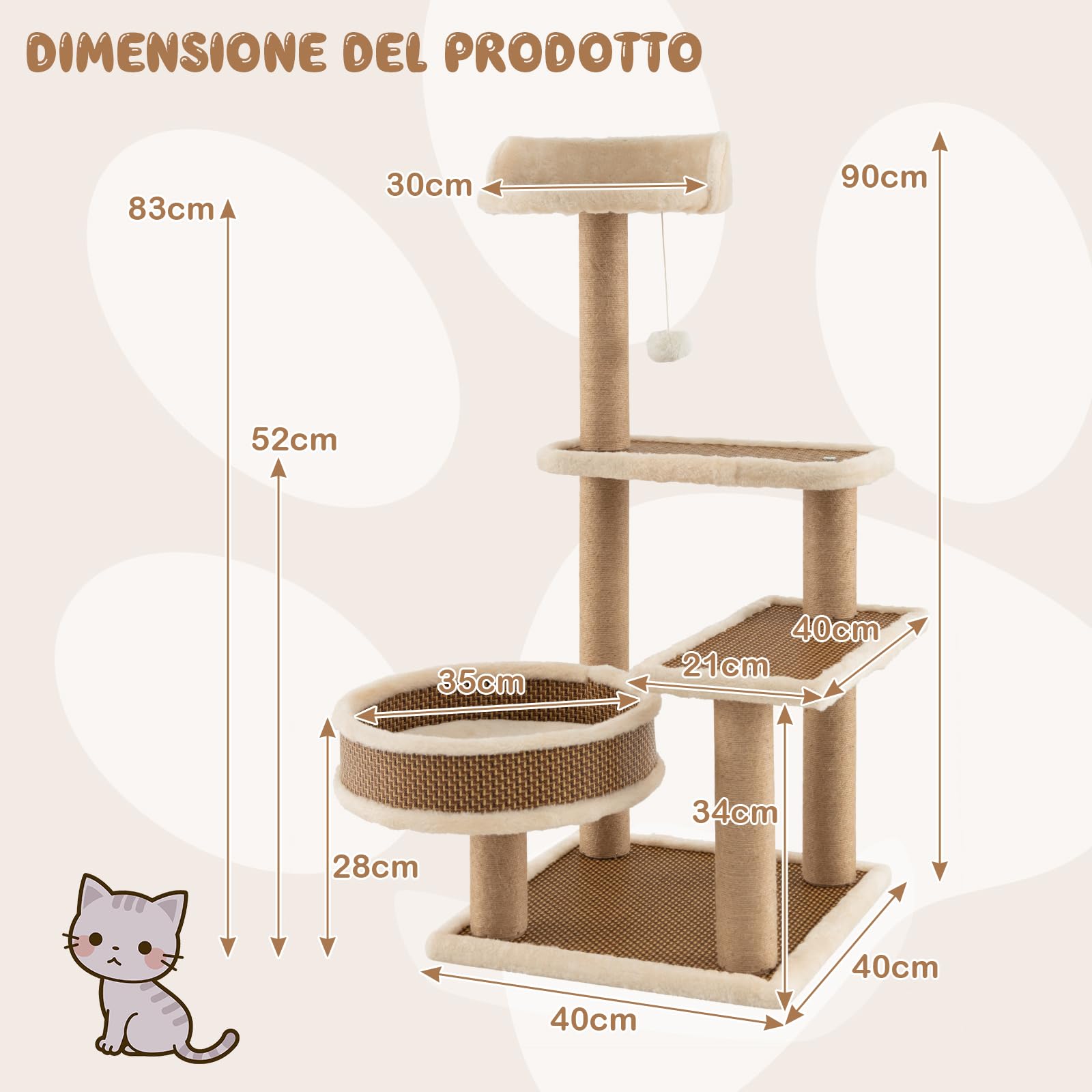 COSTWAY Torre per Gatti Interno, Albero per Gatti a 4 Livelli con Tappetino in Rattan, Palla, Tiragraffi, Piattaforma, Letto e Tappetino Peluche Rimovibile, Centro Attività per Gatto Piccolo e Medio