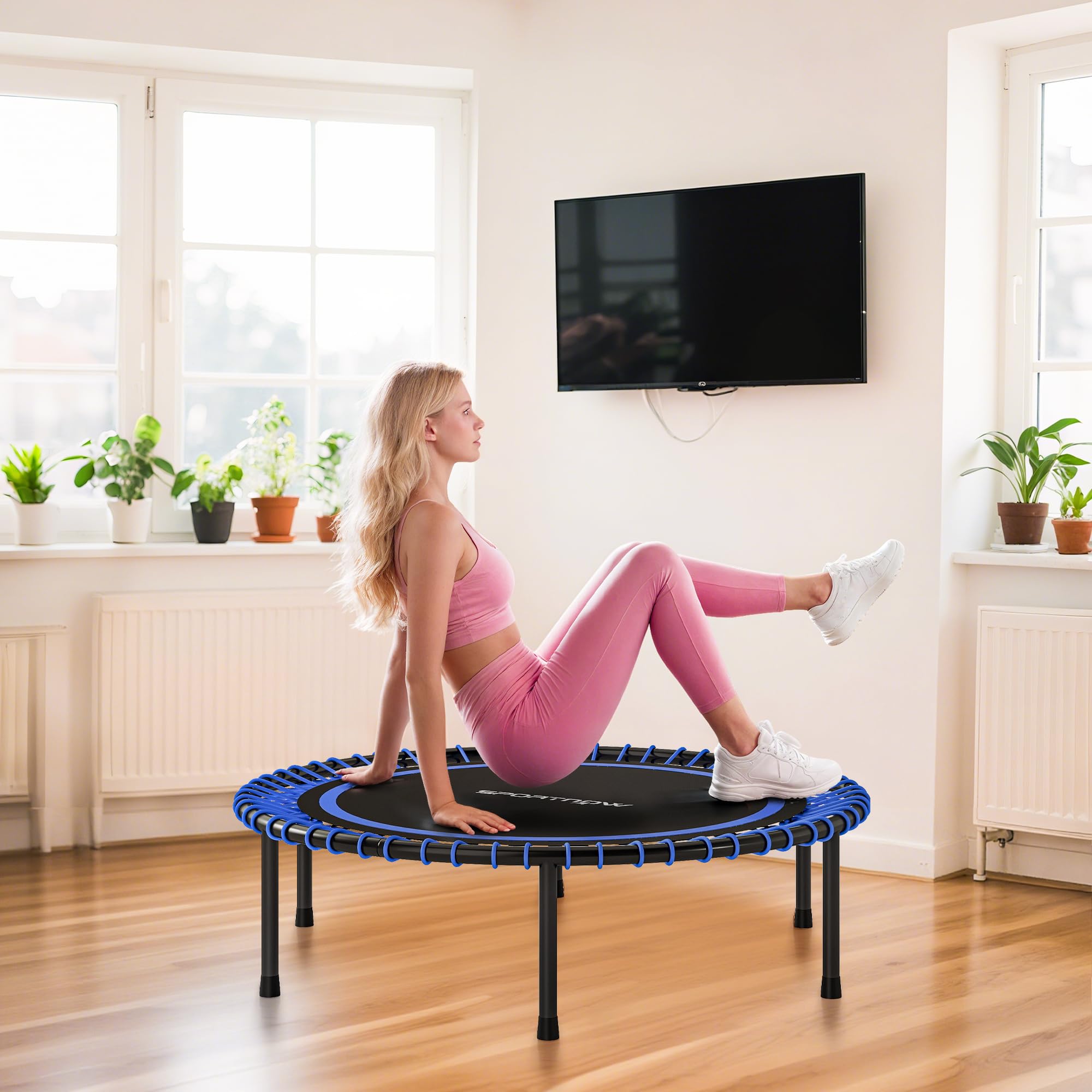 SPORTNOW Trampolino fitness per adulti Ø114 cm, trampolino elastico con telaio in acciaio rinforzato, carico 200 kg, per allenamento gambe, corpo in casa, ufficio, palestra