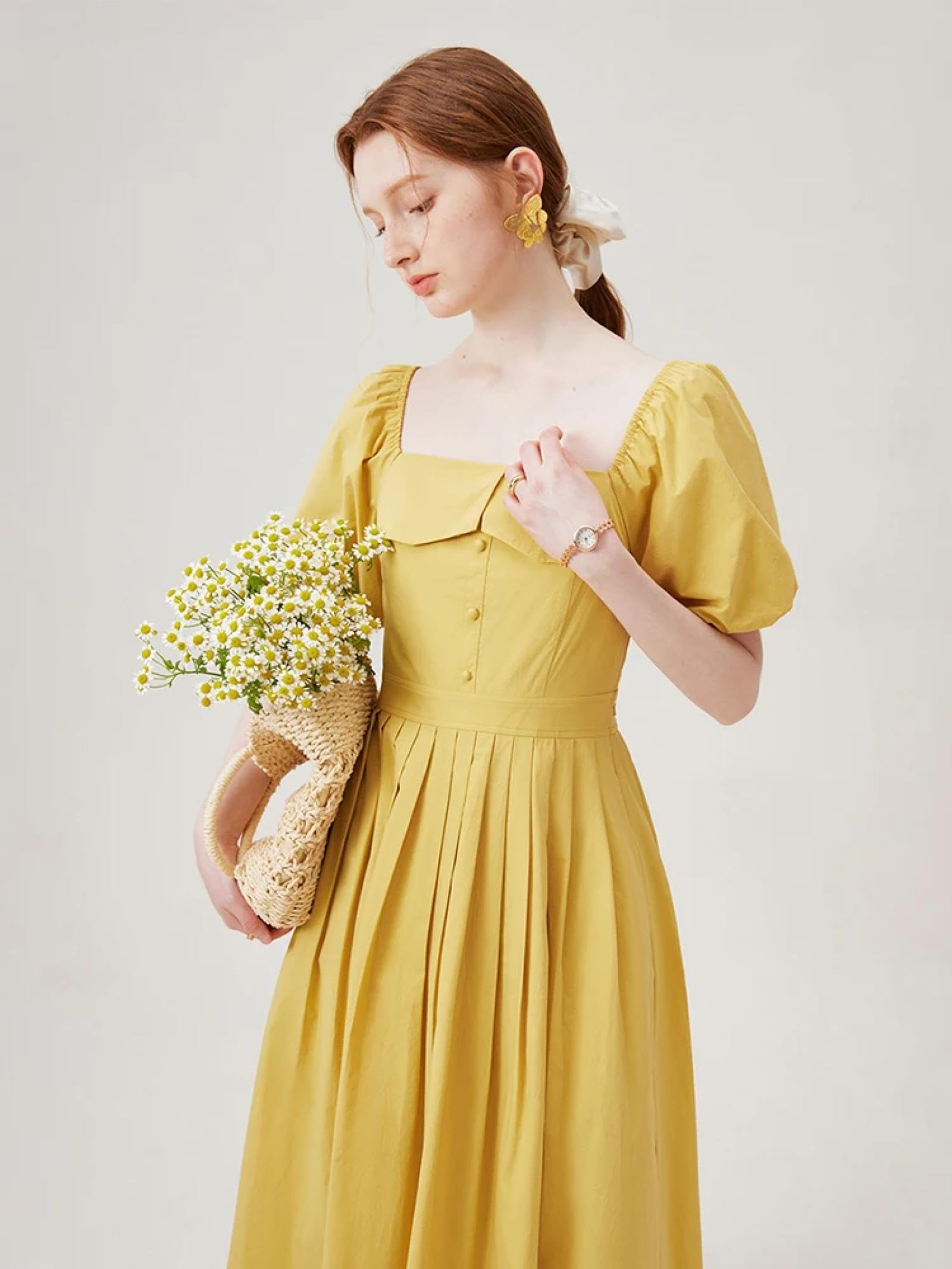 Falda Mujer Larga Cintura Alta Elástica Plisada Skirt Vestido De Algodón Vestido Largo Midi con Escote Cuadrado