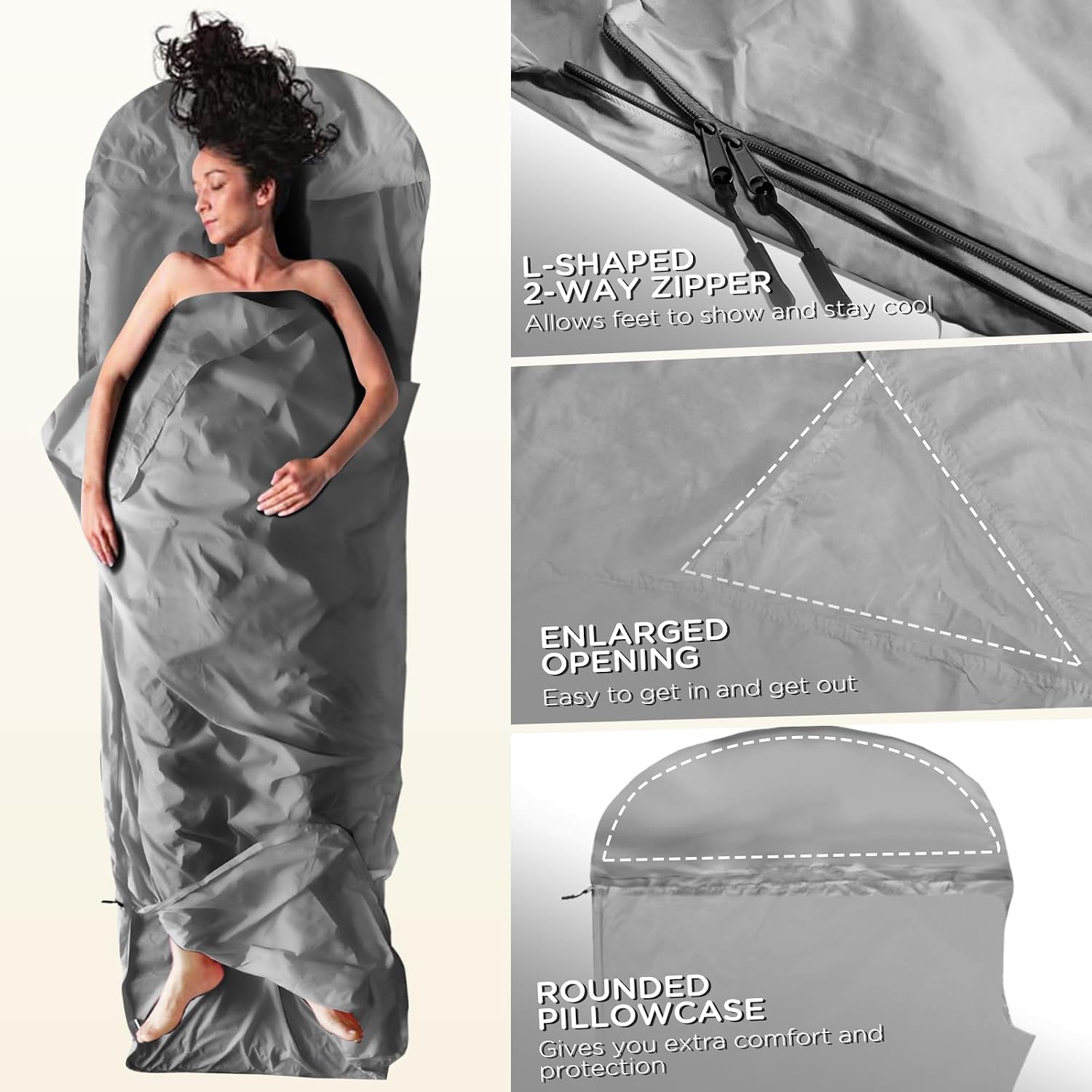 JAICOM Ultralight Sleeping Bag Liner - 5.3 oz Washable Adult Sleep Sack & Travel Sheets, Self Tan Sleep Sack with Two-Way-Zipper, for Backpacking, Hotel, Camping, Travel
