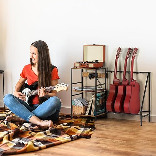 Miniatura 5 de OYEAL Soporte para guitarra eléctrica con almacenamiento de discos de vinilo, soporte para múltiples guitarras con estación de carga para acústico,