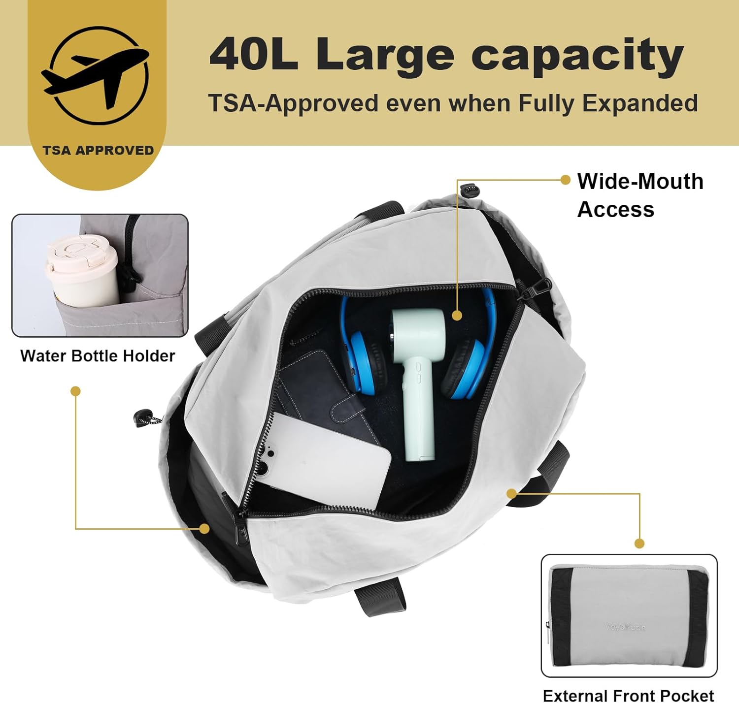 foldable travel bag expandable for women & men, waterproof overnight bag with wet-dry compartment, luggage sleeve, convertible to crossbody or tote, ideal for gym or 3-day trips(gray) - Image 5