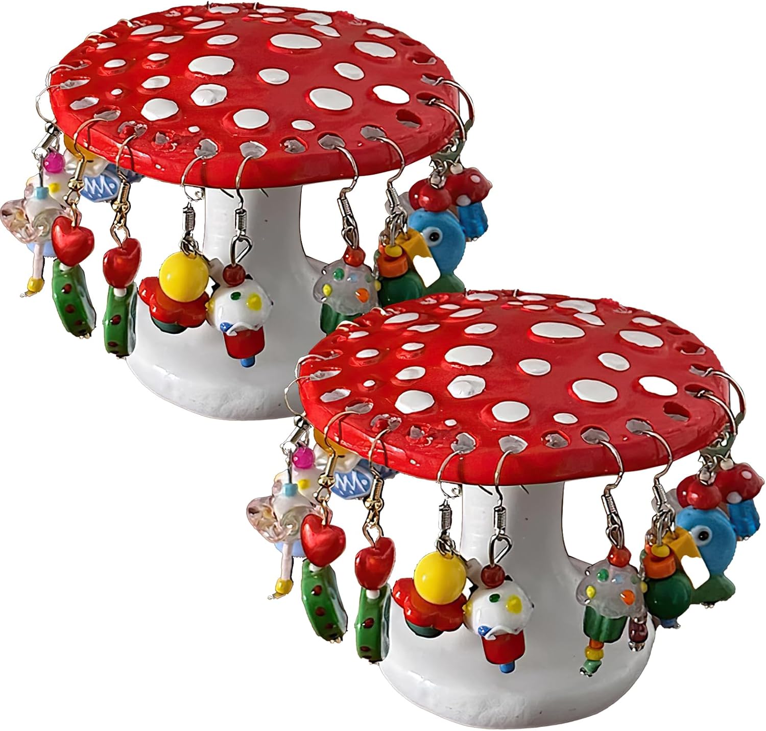 2-Piece Cute Mushroom Earring Holder Stand – Hand-Painted Jewelry Organizer Display Rack for Studs, Earrings, and Other Accessories – Room Decor Gift for Girls, Women, Teens (Red)