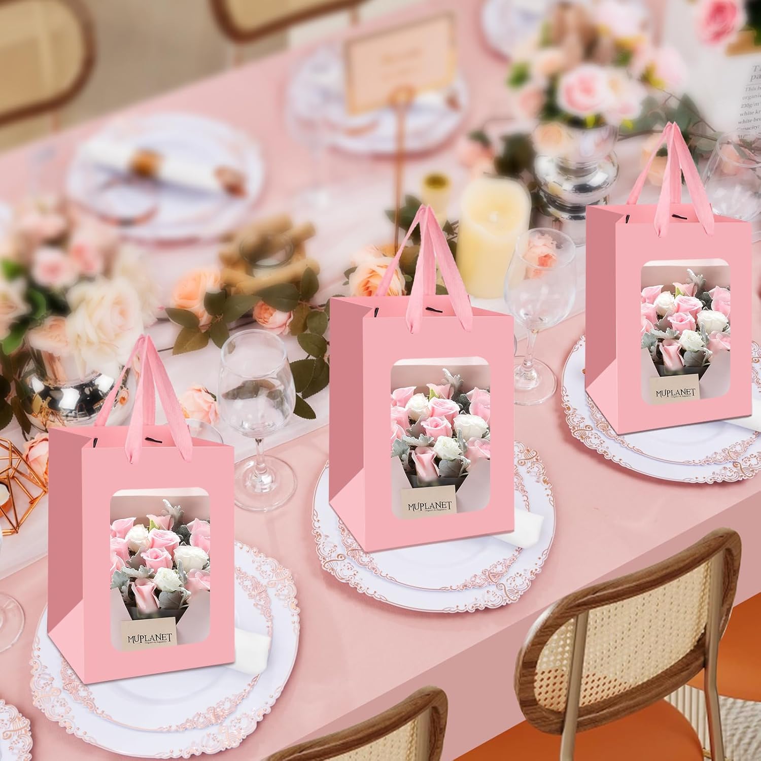 Bakbania 24 Pack Paper Gift Bags with Window,9.8 x 7.1 x 5.1 Inch Kraft Shopping Bouquet Gift Bags with Handle for Birthday, Weddings, Festival Party(Pink)