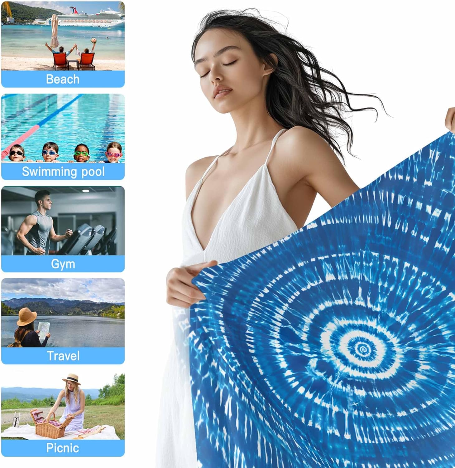 Blue Gradient Beach Towel 30" x 60" Abstract Tie-Dye Art Quick Dry Sand Free Pool Towels Soft & Absorbent Compact Towels Beach Accessories for Travel Bathroom Swimming Pool
