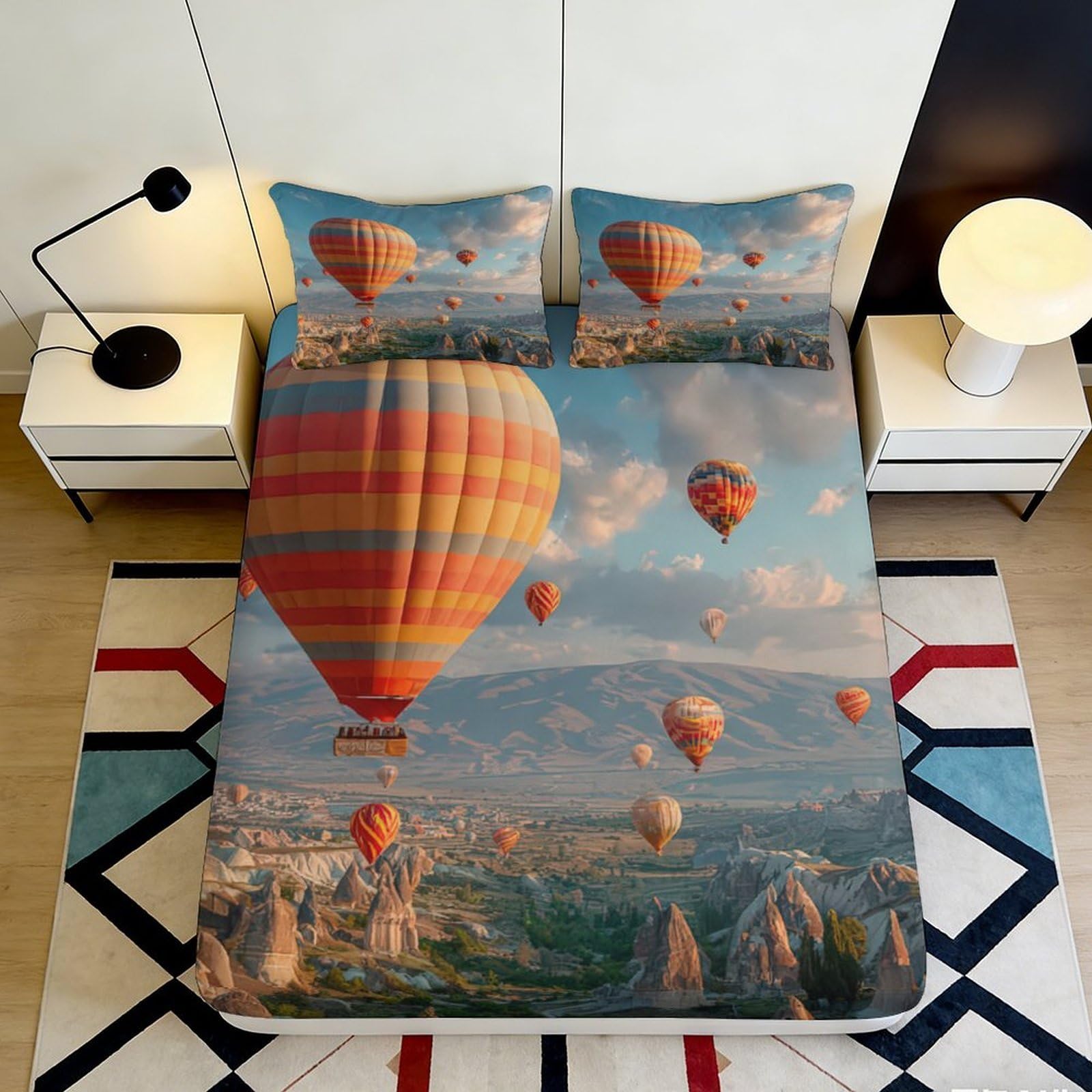 3D Printed Hot Air Balloon Fitted Sheet Microfiber Soft Breathable Sky Landscape Bed Cover for Bedroom Dormitory Guest Room Mattress Protection Decor 120x200x25cm