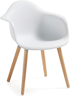 Kave Home - Silla de Comedor Kevya con reposabrazos de plástico Blanco con Patas de Madera Maciza de Haya Natural