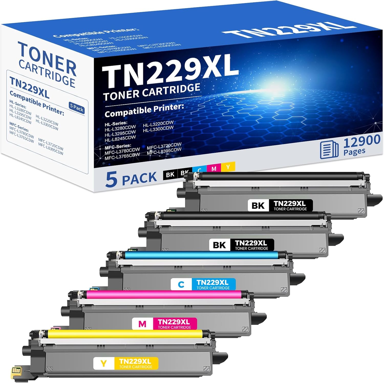 TN229XL Toner Cartridges 5 Pack Compatible for TN229XL TN-229XL TN229 XL 5PK Toner Cartridge High Yield Work With MFC-L3720CDW MFC-L3780CDW MFC-L3765CDW HL-L3280CDW (5 Pack TN229XL, BK/C/M/Y)