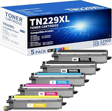 TN229XL Toner Cartridges 5 Pack Compatible for TN229XL TN-229XL TN229 XL 5PK Toner Cartridge High Yield Work With MFC-L3720CDW MFC-L3780CDW MFC-L3765CDW HL-L3280CDW 5 Pack TN229XL, BK/C/M/Y