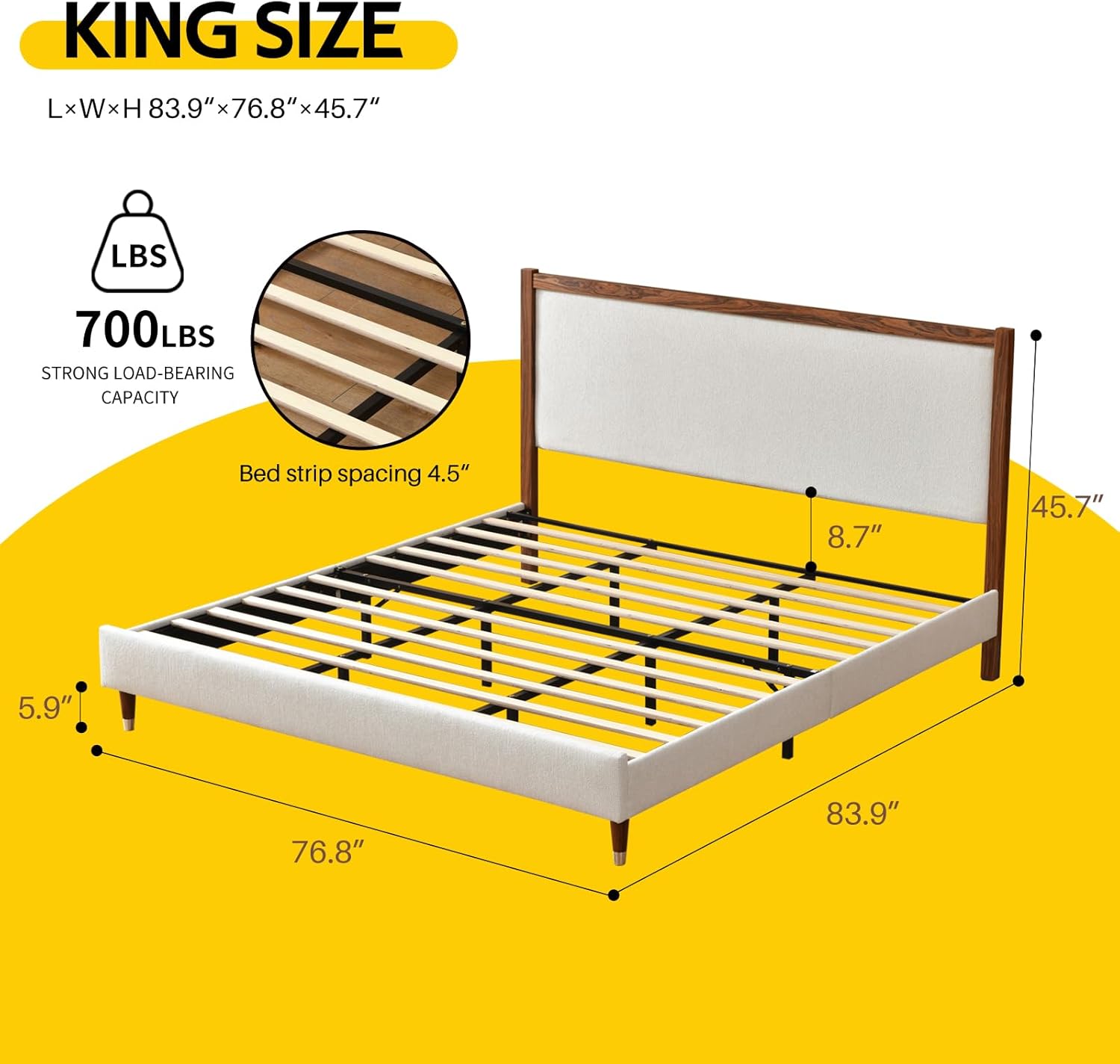 YUHUASHI King Upholstered Platform Bed Frame with Solid Wood Trim Headboard, Linen Fabric Upholstery, Sturdy Slat Support No Box Spring Needed, Easy Assembly (Cream, King (U.S. Standard))