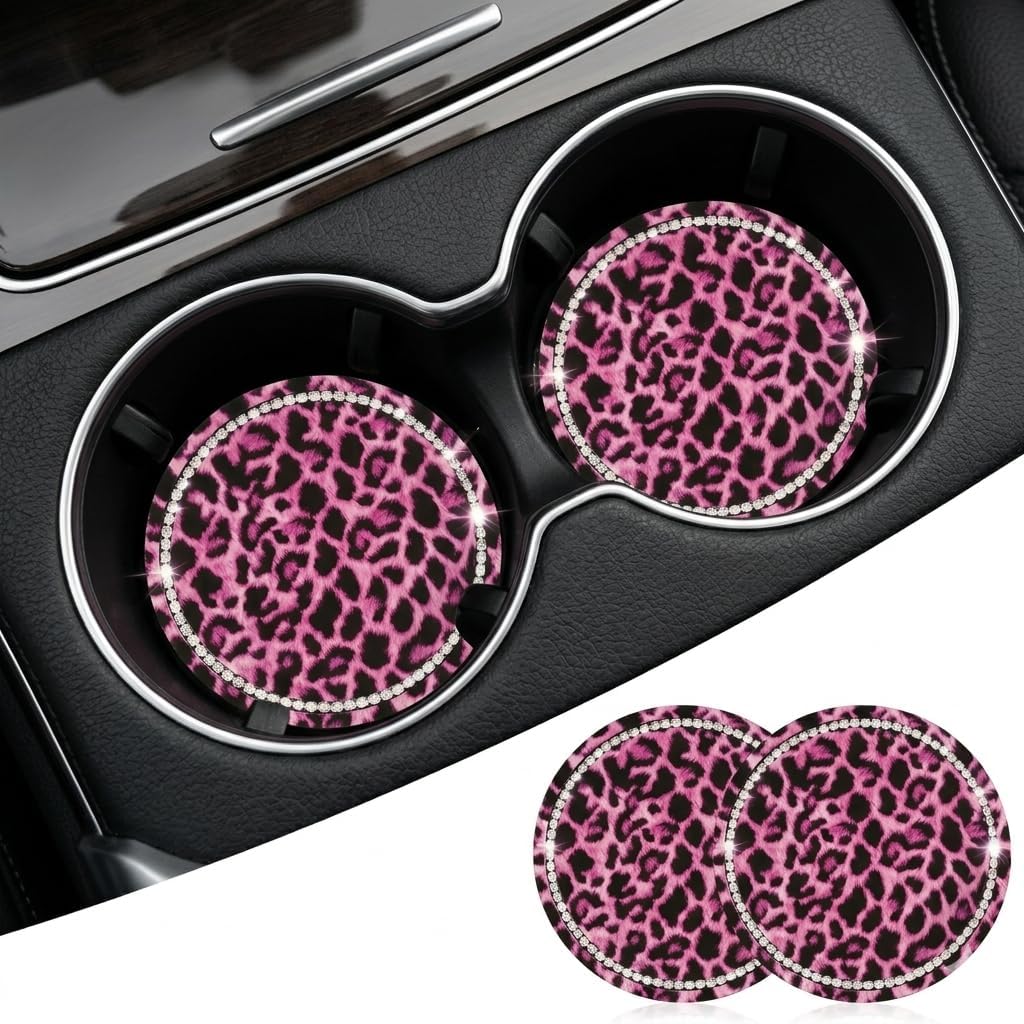 Car Cup Coaster 2 Pack,Car Coasters for Cup Holders,Anti-Slip Cups Holder Coaster for Cars,2.75 Inch Leopard Coasters (Pink-2PC)
