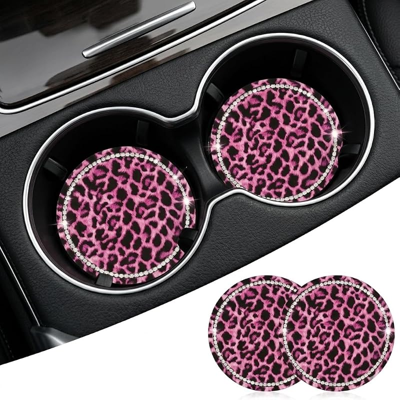 Kit com 2 Porta-Copos para Carro em Silicone com Estampa de Leopardo e Strass Smeyta Pink-2pc