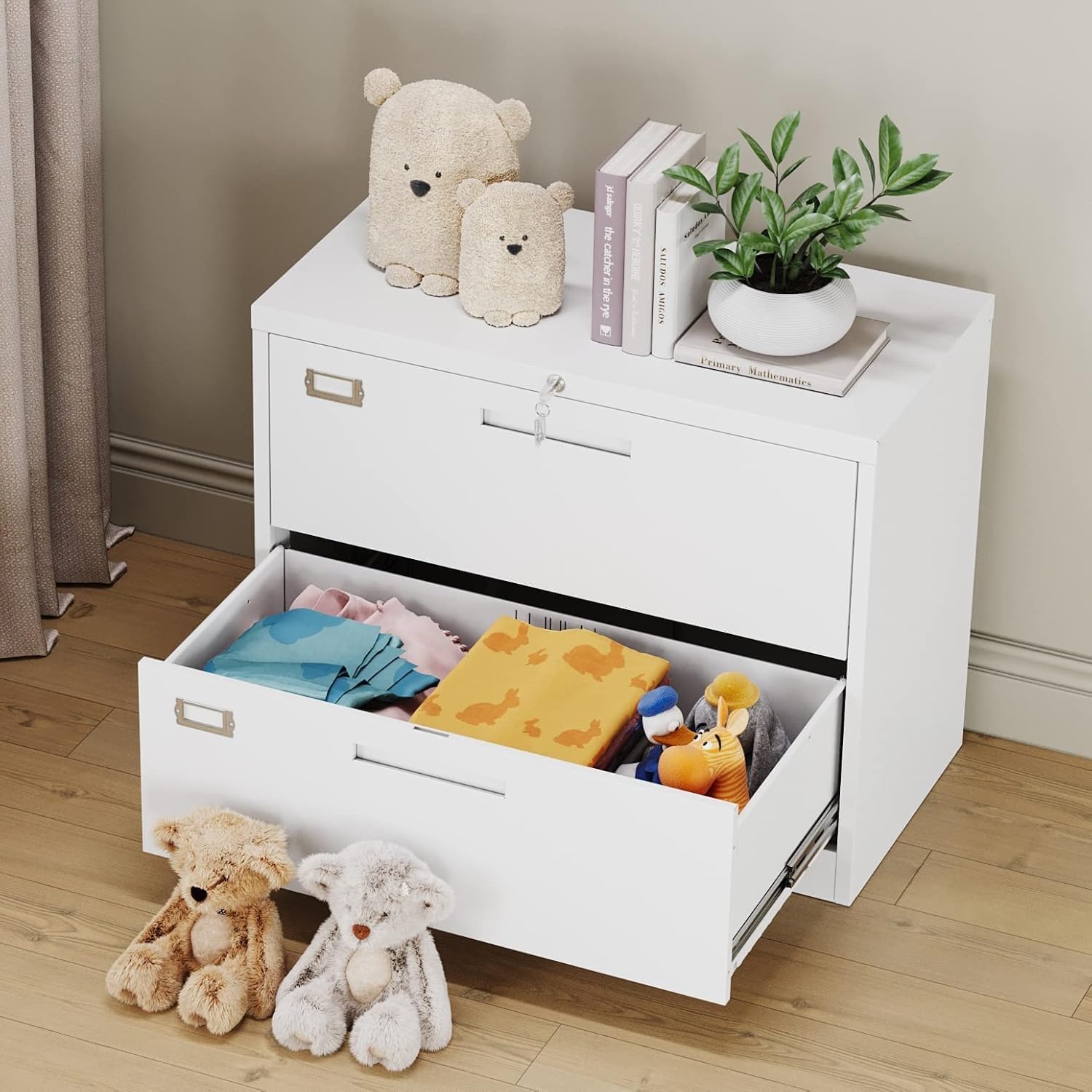 MIIIKO 2 Drawer Lateral File Cabinet with Lock, White Filing Cabinet for Home Office, Two Drawer Metal File Cabinet for Hanging Files Folders Letter/Legal/F4/A4 Size