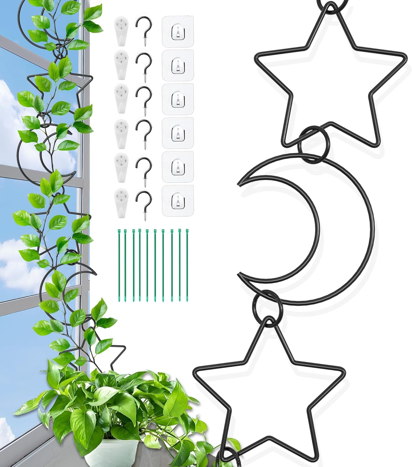 20 Pcs Chain Trellis for Climbing Plants, Plant Trellis Indoor and Outdoor, Garden Wall Trellis, Vine Support Plant Accessories for Monstera, Pothos, Ivy, Climbing Plants (Black Moon and Star)