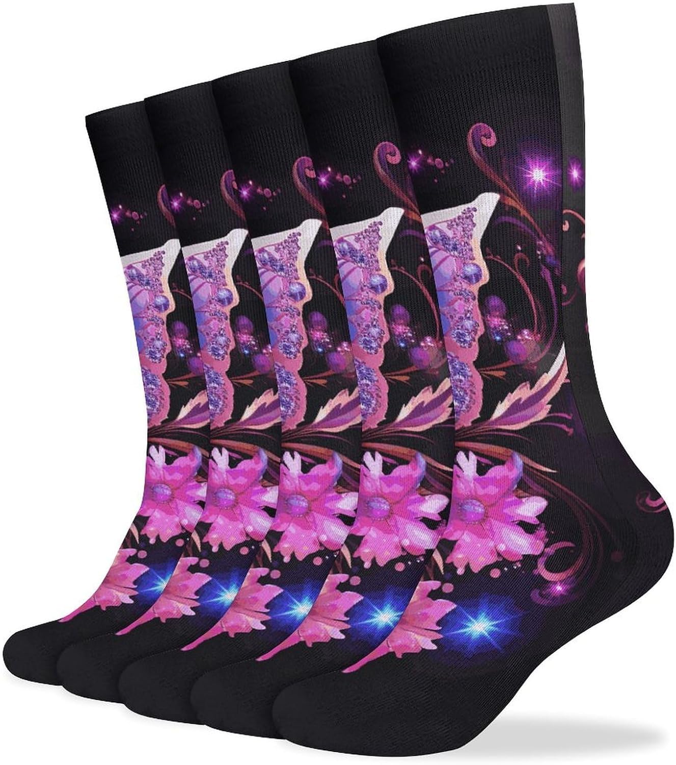 Pink Purple Butterfly Knee High Socks Cozy Knee High Socks Soft Mid-Length Sock for All Seasons Daily Wear Adult