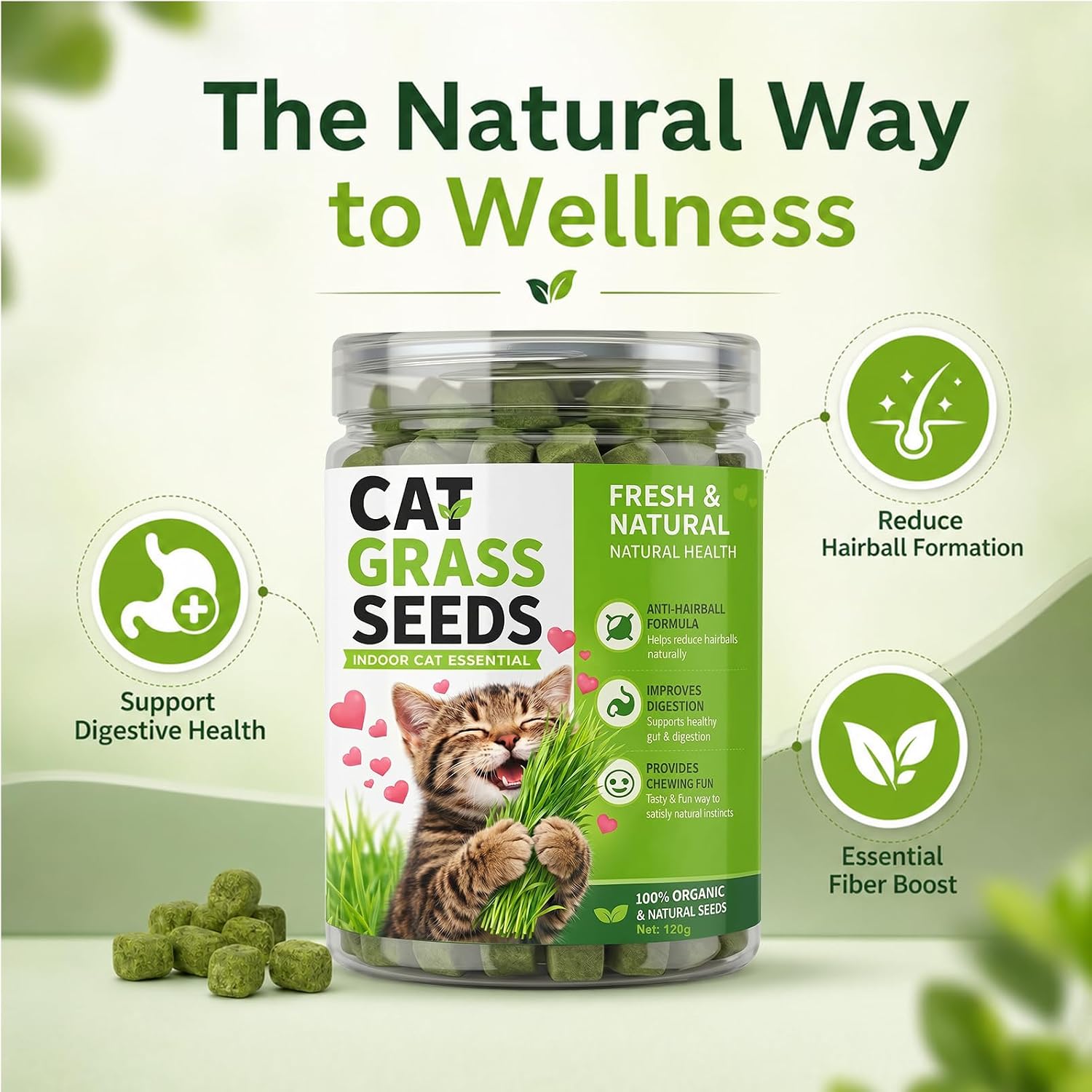 Cat Grass for Indoor Cats, Natural Cat Grass Treats, Dried Cats Grass Granules, Supports Digestion & Hairball Passage, 100% Pure, Daily Chewing Snack