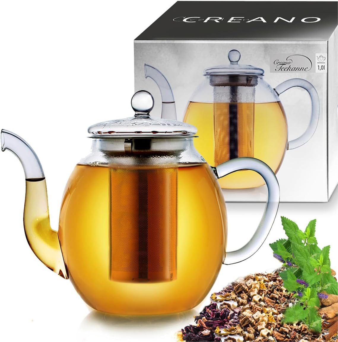 CreanoGlass Teapot 1000ml - Stovetop Safe Tea Kettle with Stainless Steel Infuser and Glass Lid - Ideal for Preparing Loose Teas - Drip Free