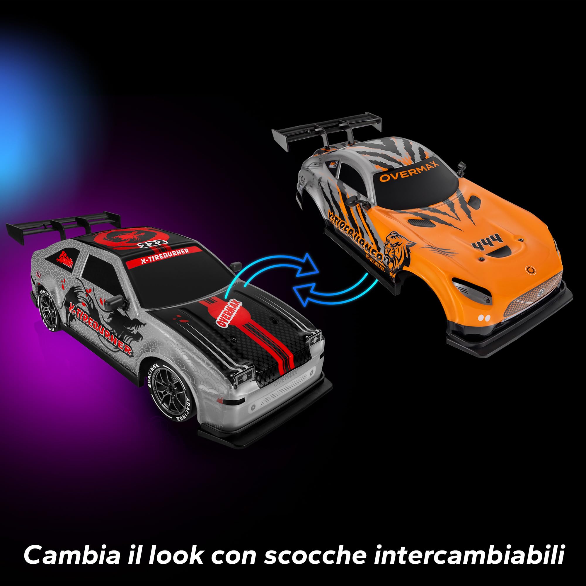 Overmax X-TIREBURNER Macchina Radiocomandata RC per Drift, Macchina Telecomandata per Bambini 8+, 1:16, 20 km/h Portata fino a 80 m, 4WD, 2 Batterie 500 mAh Set di Ruote e Ostacoli Scocca Accessoria