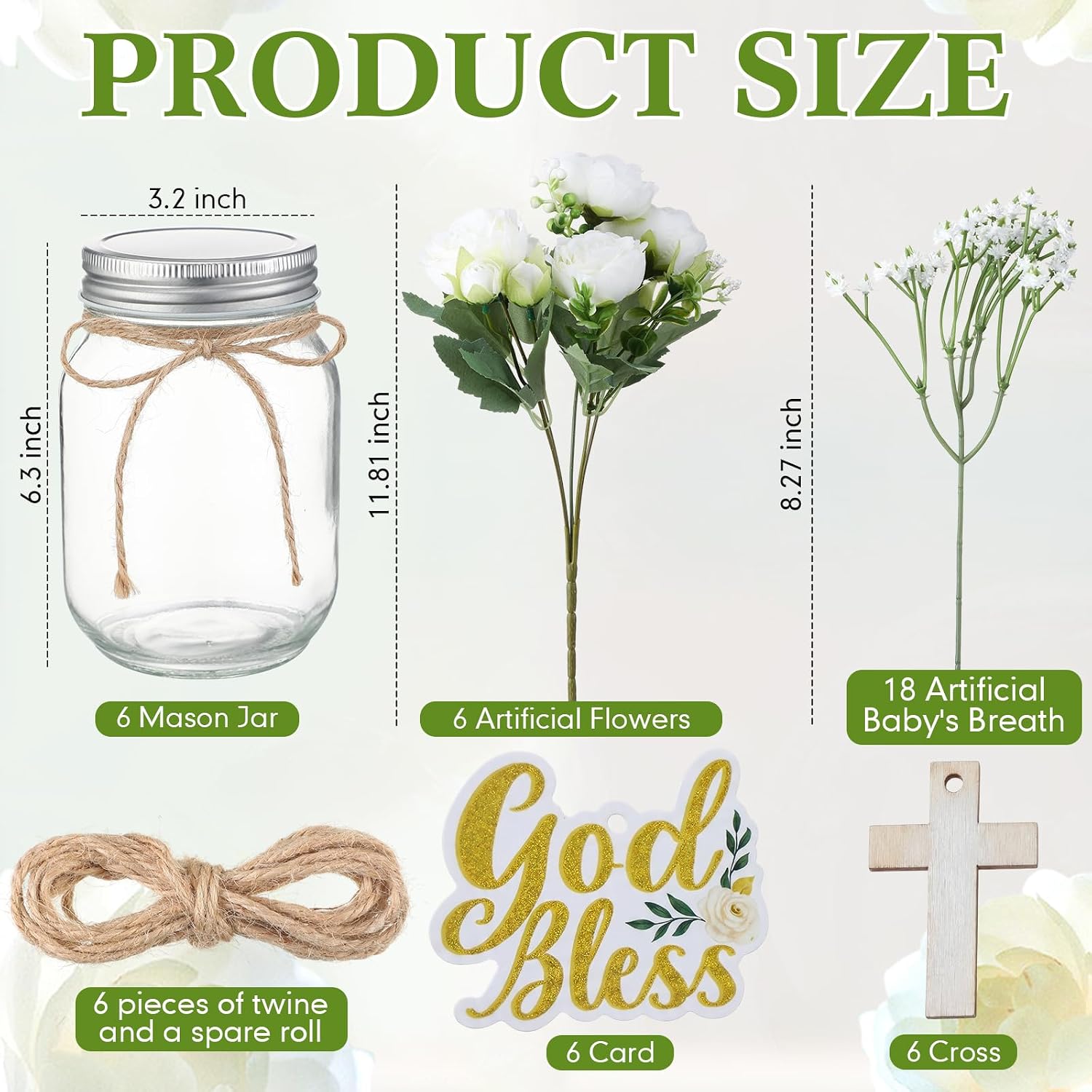Suncalla 6 Sets Baptism Table Centerpiece Mason Jar First Communion Table Decoration with Flower Artificial Peony and Baby's Breath Flowers with Wooden Cross and Card for Baptism Baby Shower Wedding