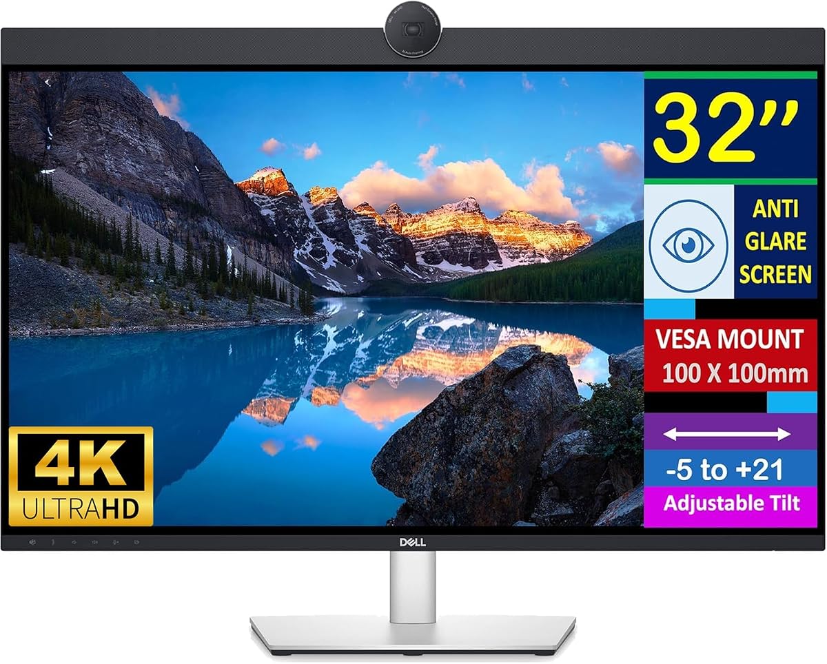 UltraSharp Monitor de videoconferencia IPS 4K UHD de 32" con tiempo de respuesta de 5 ms, parlantes incorporados, antideslumbrante, montaje VESA (100 mm), DisplayPort, HDMI, negro/plateado (U3223QZ)