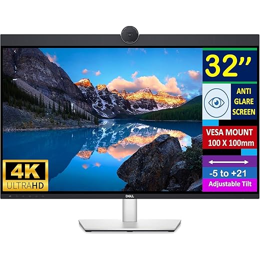 Dell UltraSharp 32" 4K UHD IPS Video Conferencing Monitor w/5ms Response Time, Built-in Speakers, Anti Glare, VESA Mount (100mm), DisplayPort, HDMI, Black/Silver (U3223QZ)