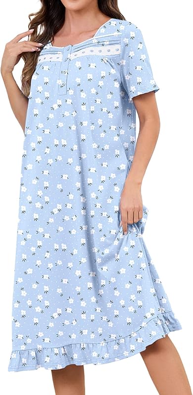 Bloggerlove Women 100% Cotton Short/Long Sleeve Nightgown with Pocket | Vintage Ruffle Night Gown Soft Cotton House Dress S-3XL