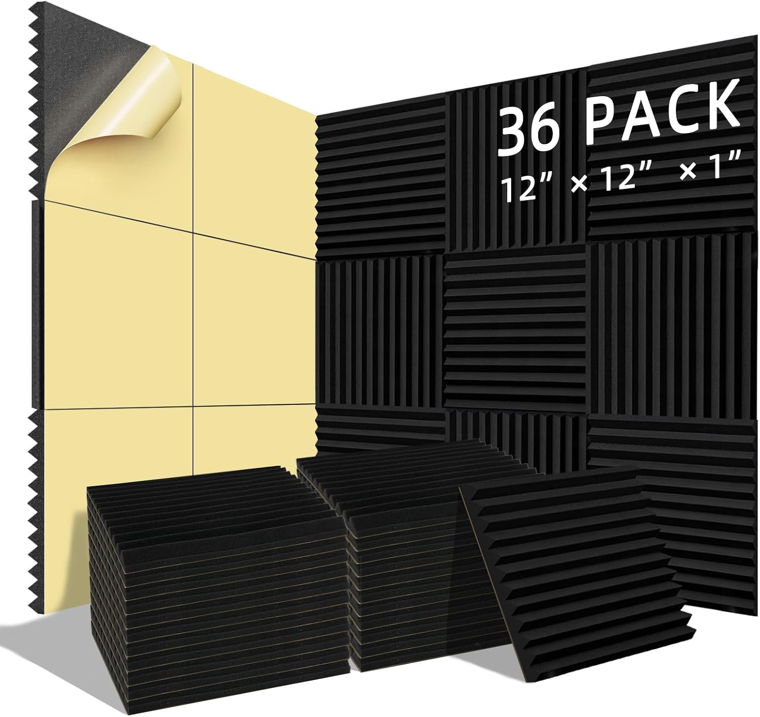 WELSTIK 12 x 12 x 1 Inch Acoustic Foam Panels, Sound Proof Tape Panels Black, Studio Foam for Wall and Ceiling, 36 Pack