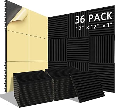 WELSTIK 12 x 12 x 1 Inch Acoustic Foam Panels, Sound Proof Tape Panels Black, Studio Foam for Wall and Ceiling, 36 Pack