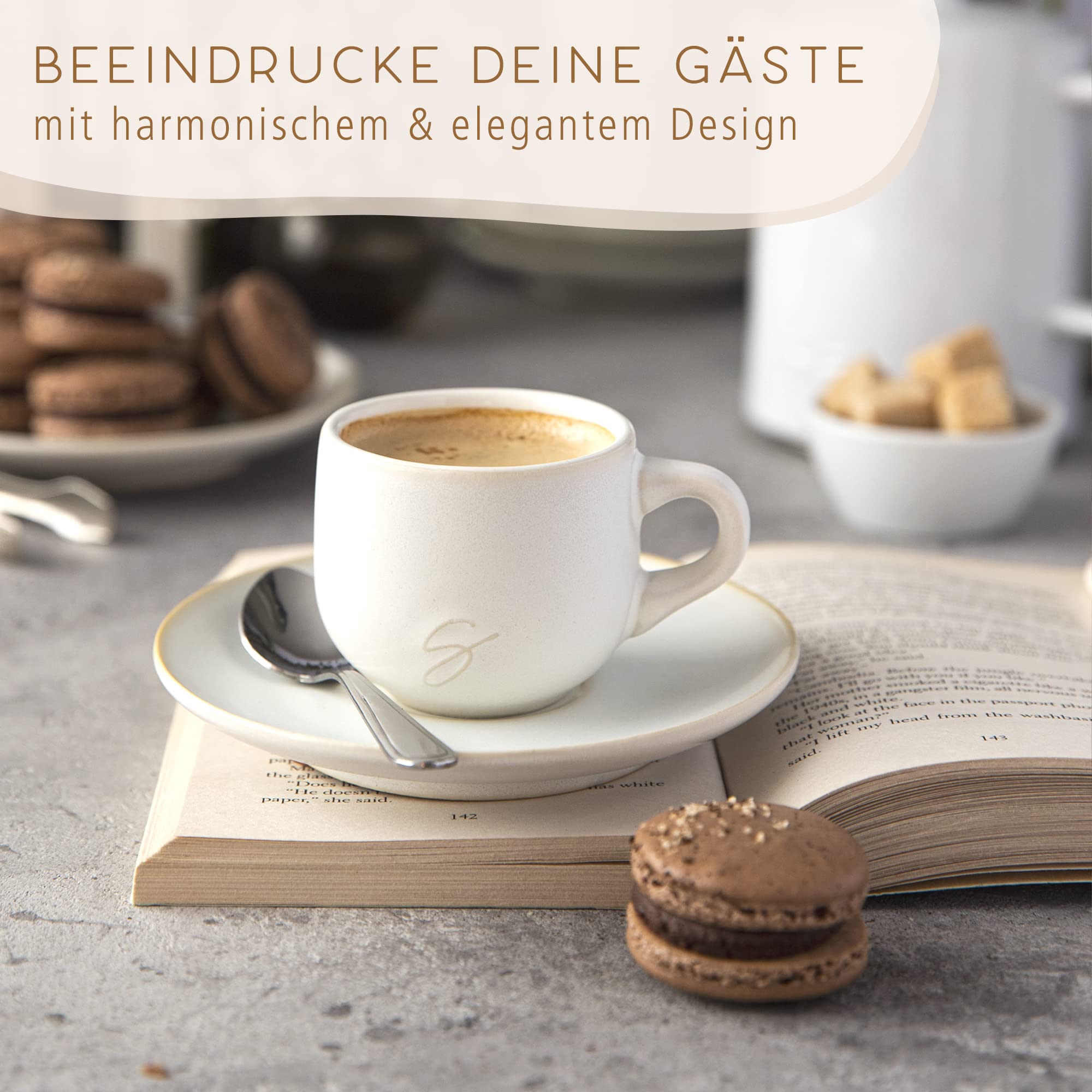 STEINZEIT Design Espressotassen (6x80ml) - Espressotassen Set mit passenden Untertassen - Espressokaffeetassen aus 100% Handfertigung - stapelbare Mokkatassen in Weiß