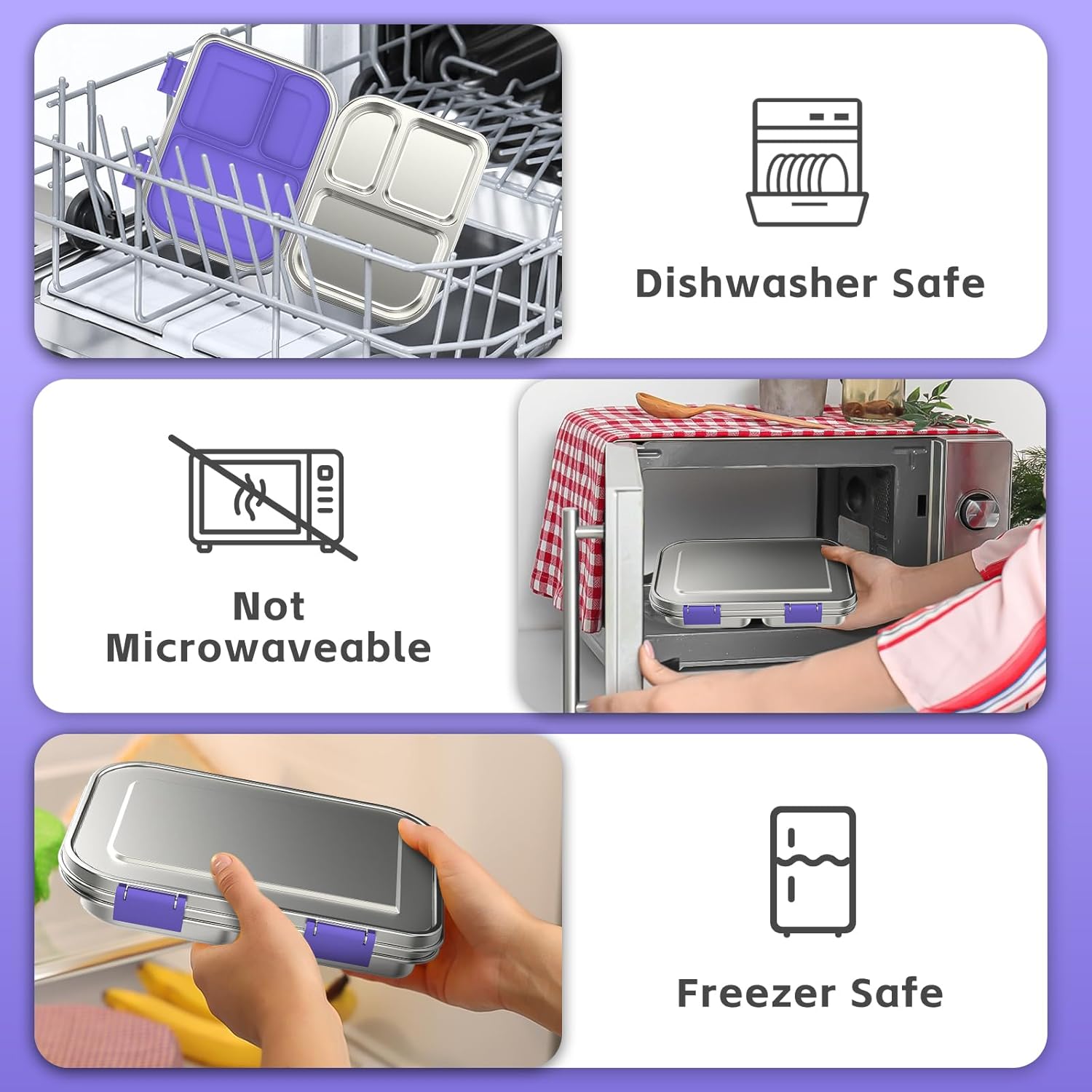 Stainless Steel Kids Leak-Resistant Bento Lunch Box, 3-Compartments with Silicone Container, Dishwasher-Safe, Child-Friendly Design for School, Picnics & Travel,BPA-Free(Purple)