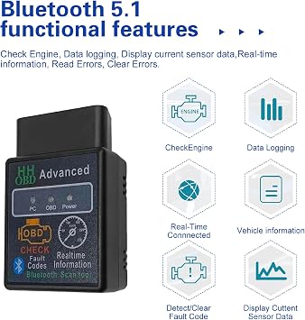 OBD2 Bluetooth Scanner Diagnostic Tool, Real-time Wireless Code Reader, ELM327 V2.1 Reset/Clear Fault Codes Device, Engine Light Eliminates Scanner, for iOS & Android & Windows (Black)