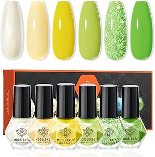 modelones Green Nail Polish, 6 Colors Yellow White Glitter Quick Dry Nail Polish Set Mini Finger Long Lasting Fast Drying Manicure DIY Nail Art Home Salon Gift For Women Girls