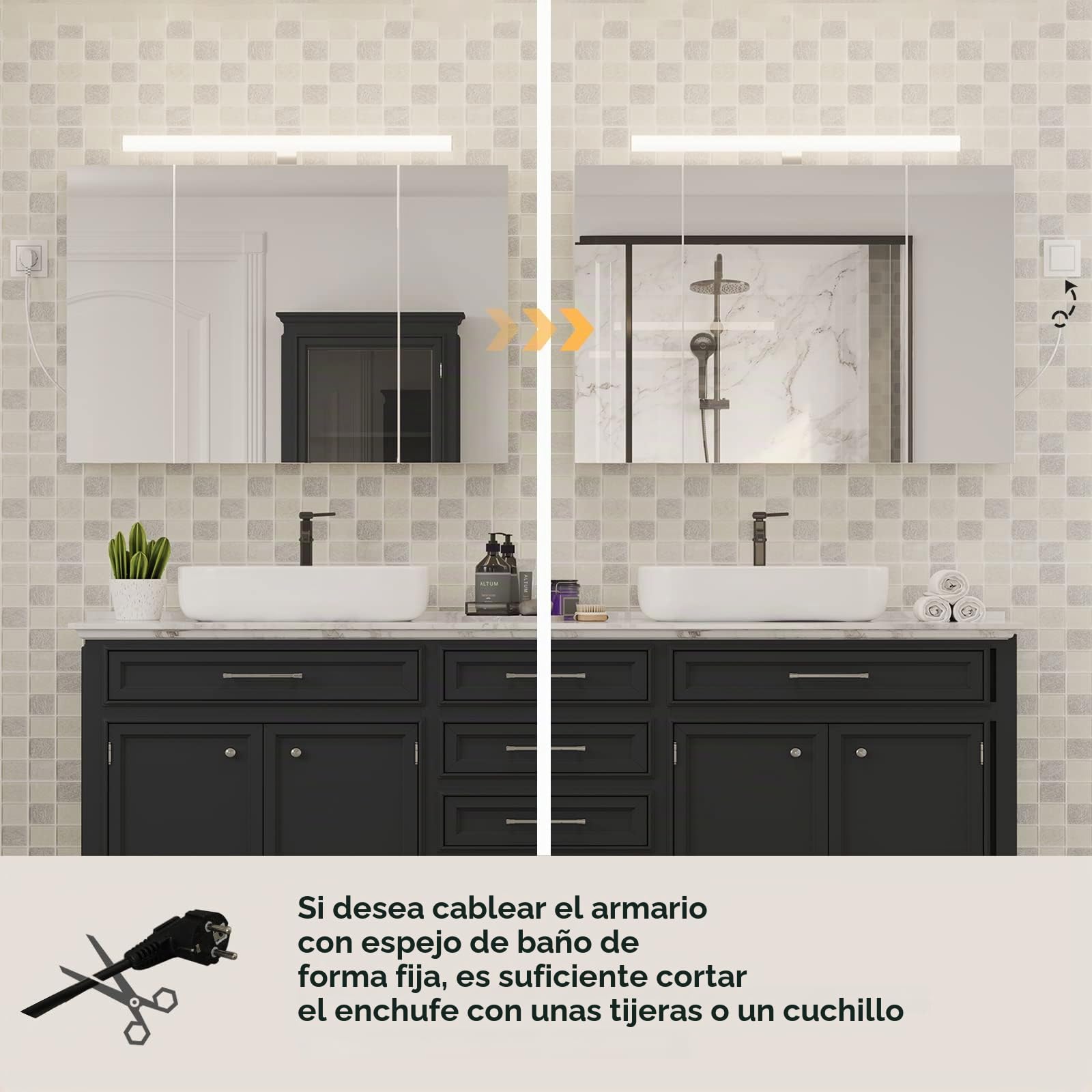 DICTAC Armario con Espejo baño con iluminación LED,Enchufe para máquina de Afeitar 90x60x16cm Armario de Pared con 3 Puertas y Estantes Ajustable con Mucho Espacio de Almacenamiento,Blanco