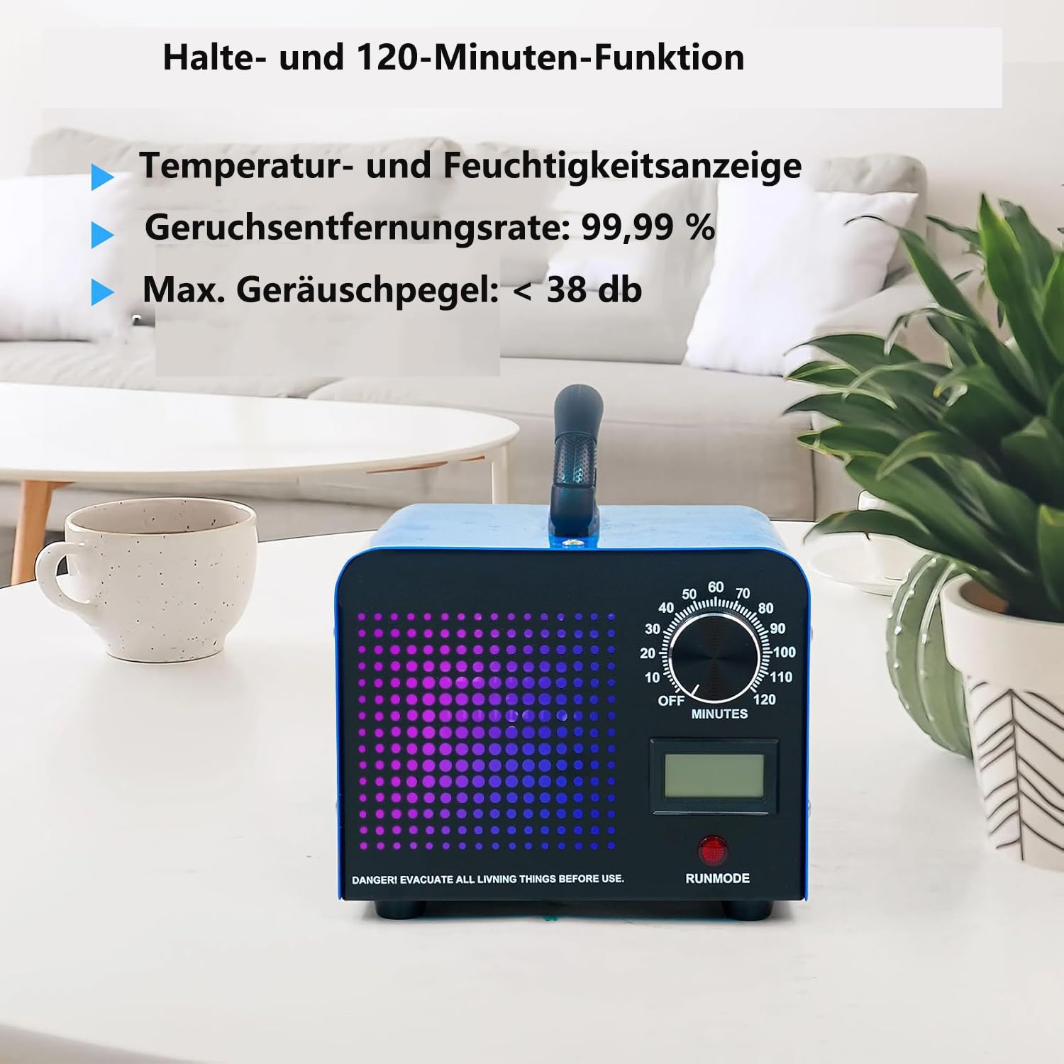 Generatore di ozono, 60000 mg/ora, con indicatore di temperatura e umidità, purificatore d'aria con timer da 120 minuti, per auto, appartamento, stanza, fumo, odori di animali domestici e odori della