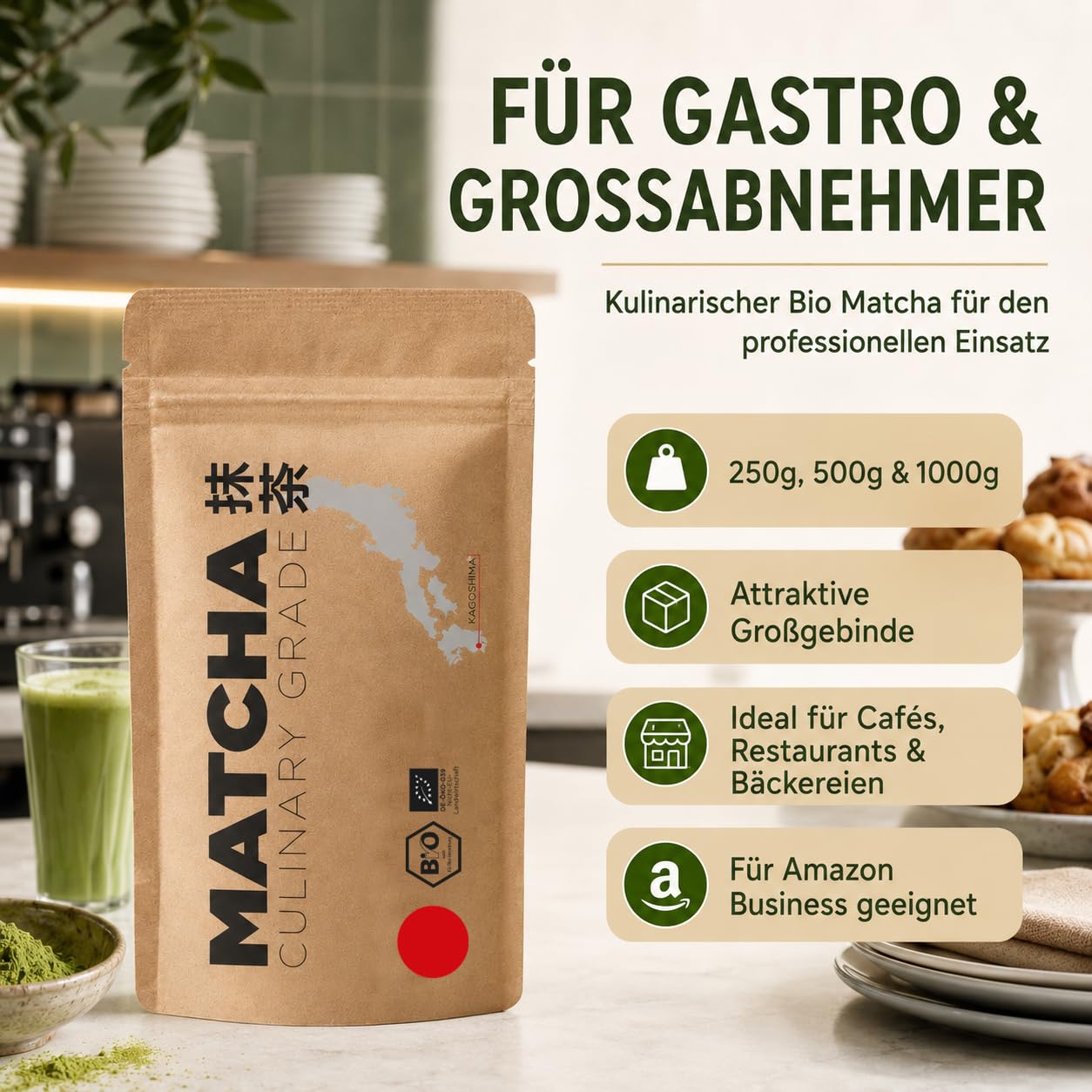 Bio Matcha Pulver Culinary Grade 1000g / 1kg | kulinarisches Grünteepulver als Grosspackung für Gastronomie Café Bäckerei Food Service & Co. | Matcha Latte Smoothies Backen