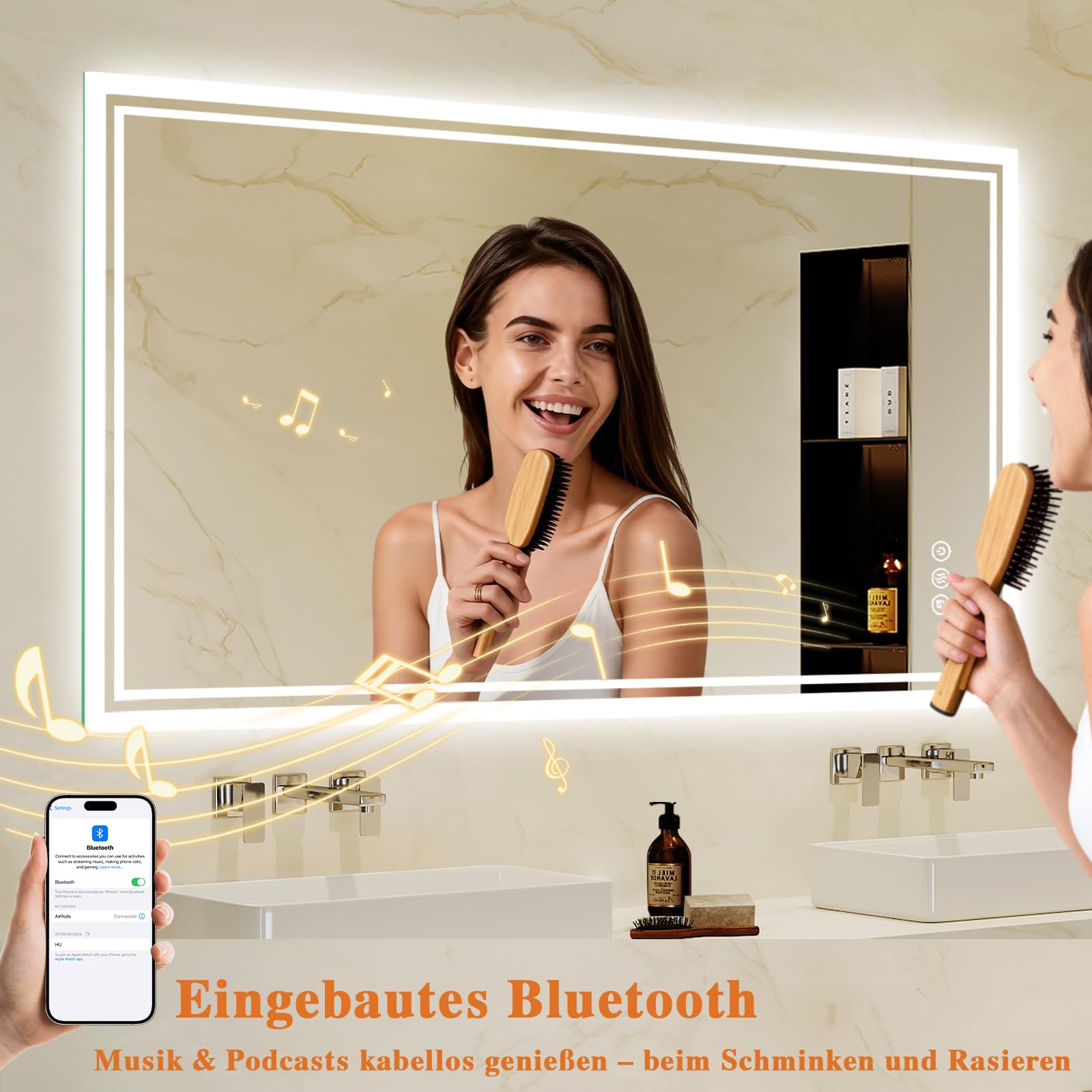 Badspiegel-mit-Beleuchtung 70x100cm: LED Badezimmer-Spiegel Badezimmerspiegel mit Bluetooth, Beschlagfrei, Touch-Schalter, 3 Lichtfarben Dimmbar Spiegel Bad für Badezimmer