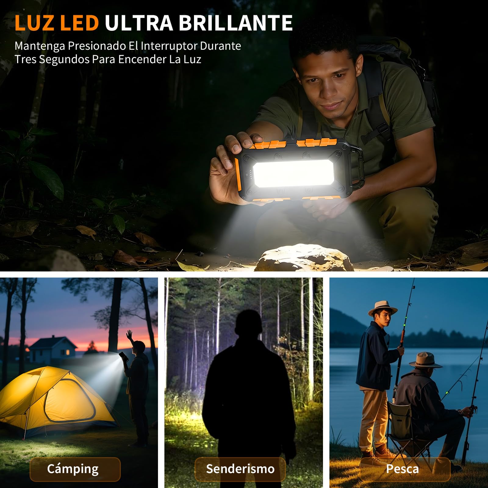 Cargador Solar 10000 mAh Power Bank Solar, Bateria Externa con Carga Rápida 22,5W Impermeable IPX4 2 Puertos USB + Linterna LED Compatible con Smartphones Tablets Camping y Emergencias Naranja