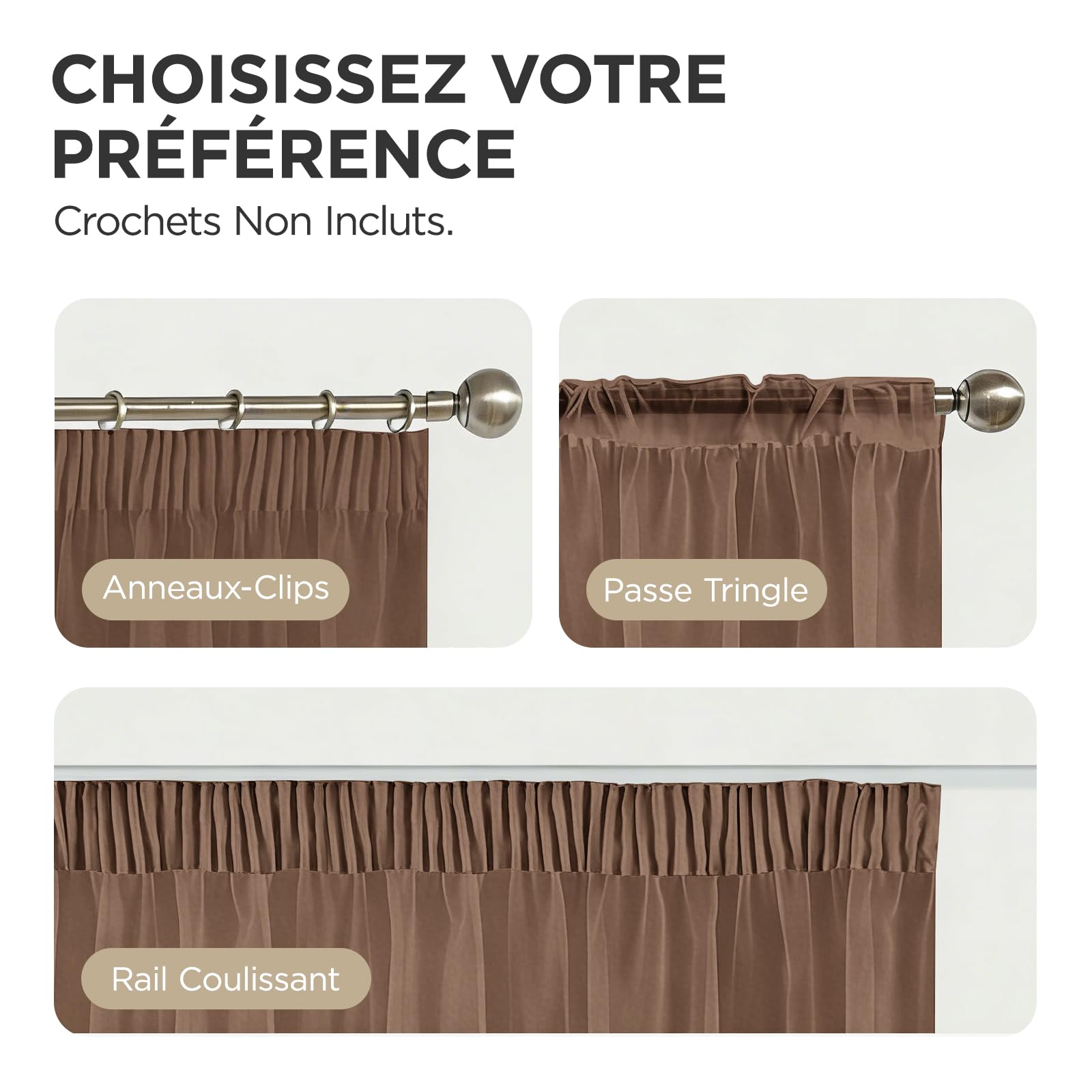 Joydeco Lot de 2 Rideau Voilage Marron 140x260cm avec Galon Fronceur pour Rail, Voilage Fenêtre Semi-Transparent pour Filtrage de Lumière et Décoration de Chambre Salon (Crochets Non Inclus)