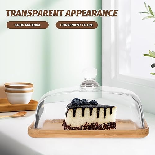 Miniatura 5 de Hemoton Plato de vidrio transparente para tartas con base de madera y cubierta de cúpula 6.69 x 4.52 x 3.50 pulgadas, bandeja de postre