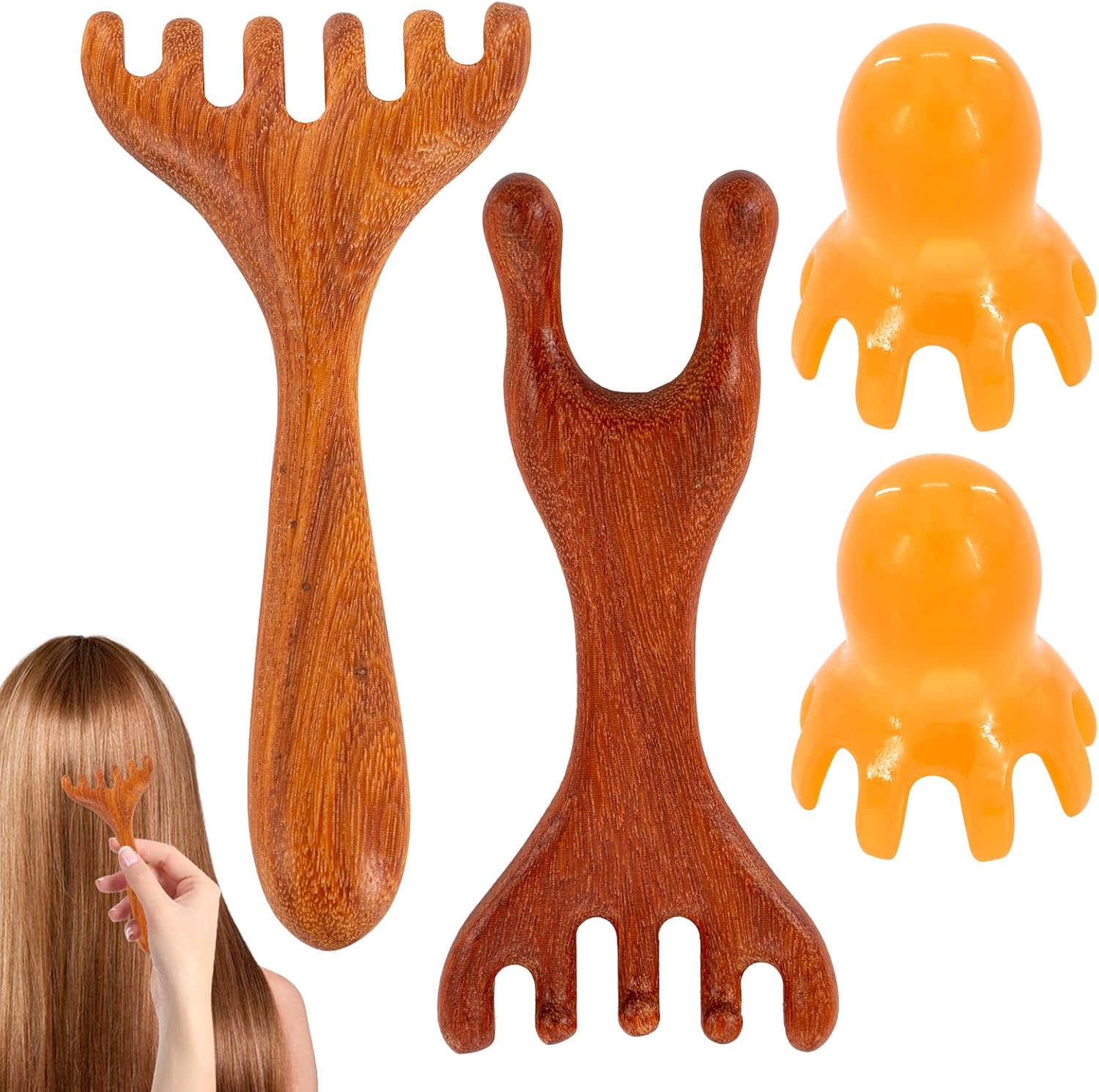 2 Pieces Octopus Scalp Massager, Head Massage Tool with 2 Pieces Deer Antler Massage Comb