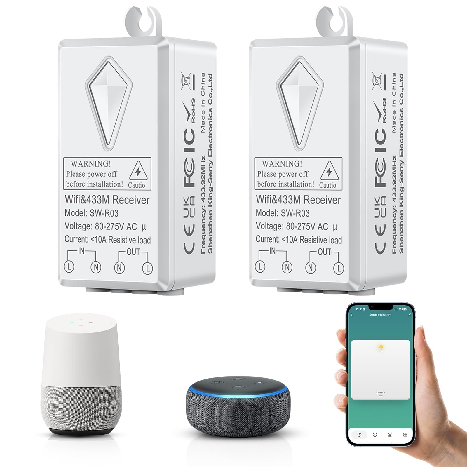 Smart Lichtschalter Modul, NineLeaf 2PK WiFi Mini Wireless Switch, Sprachsteuerung, App-Steuerung, Multi-Funktions Mini DIY WLAN Switch, Alexa Echo, Google Home, Smart Life, Tuya App Kompatibel
