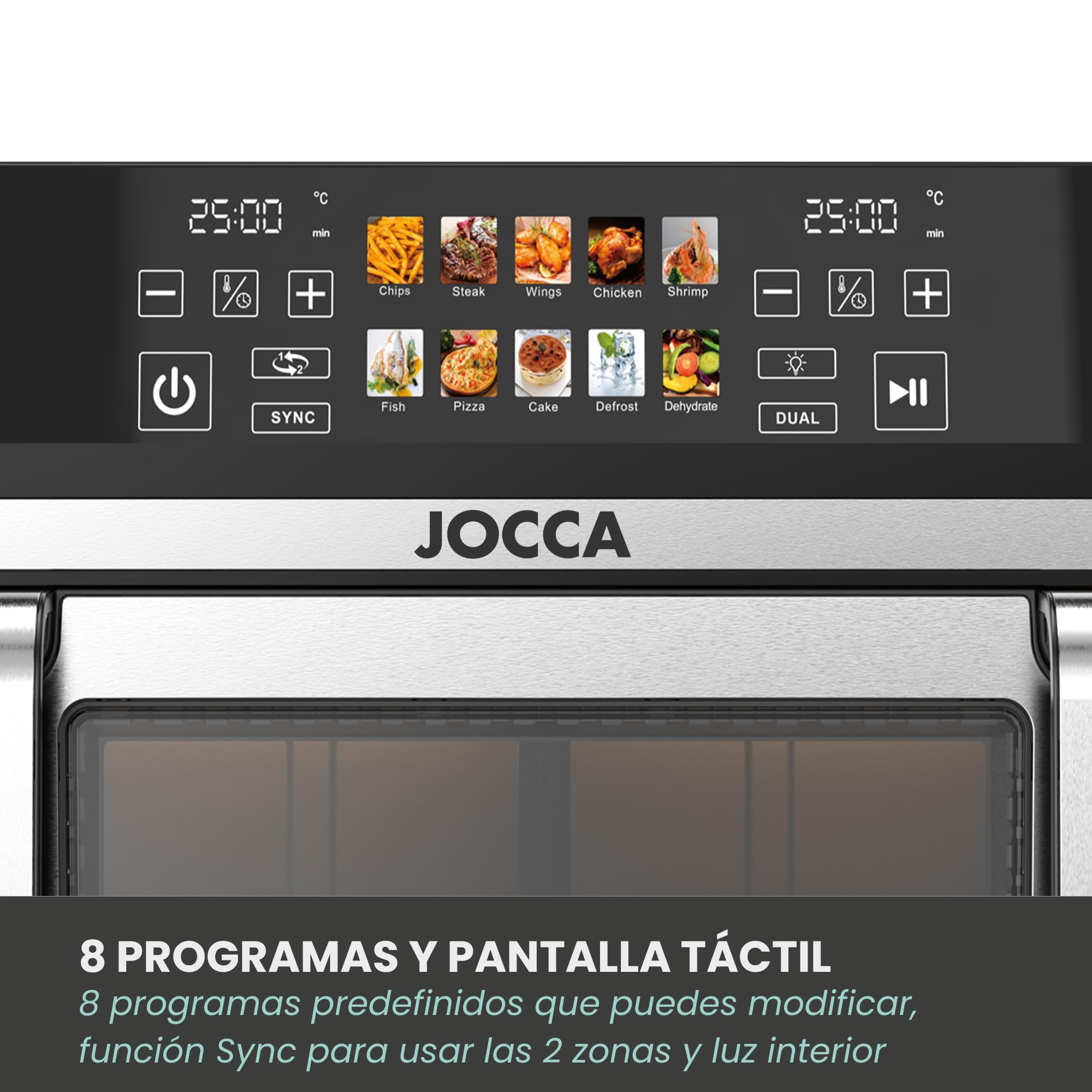 JOCCA - Freidora de Aire 10 Litros con Sistema Dual, Doble Resistencia, 2200W, 8 Programas, Función Sync, Temperatura de 80º a 200º, Temporizador, Ventana, Pantalla Táctil