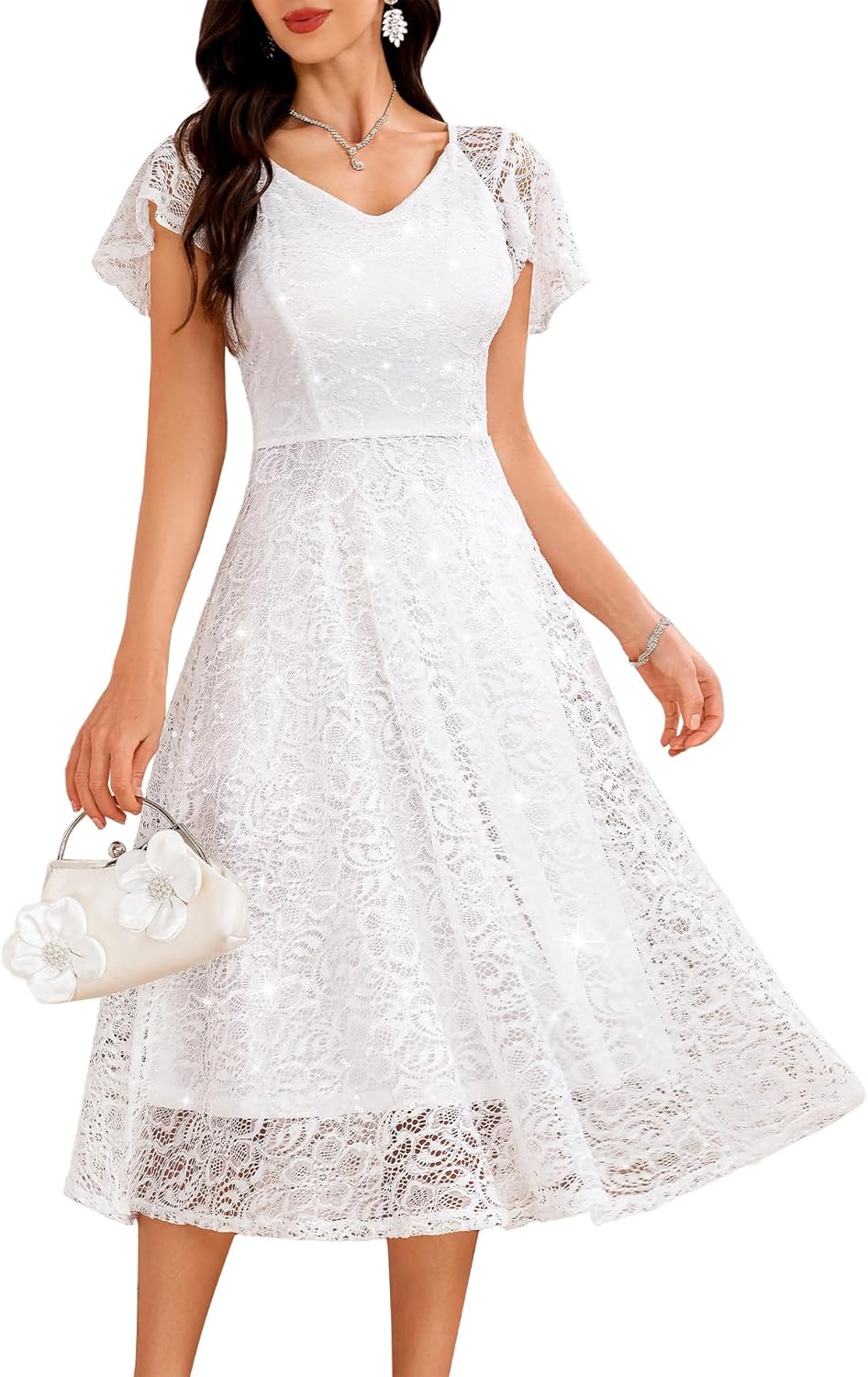 Dressystar 2026 Women's V Neck Lace Sequin Formal Wedding Guest Dress Sparkly Midi A Line Cap Sleeves Cocktail Party Dresses