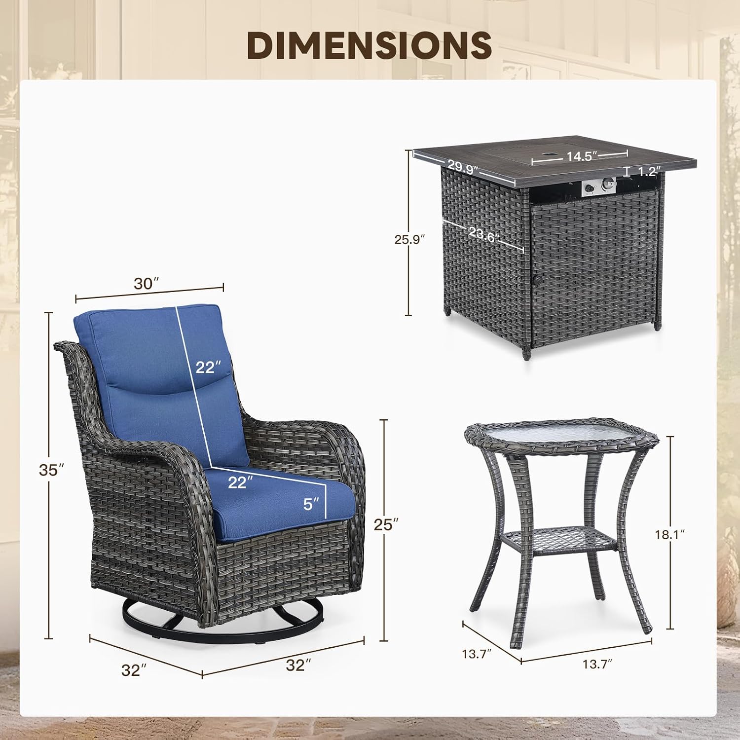 Patio Luxury Conversation Set of 4 Swivel Chairs with Side Table and 30in Square Wicker Firepit Table, Grey Wicker|Blue Cushions