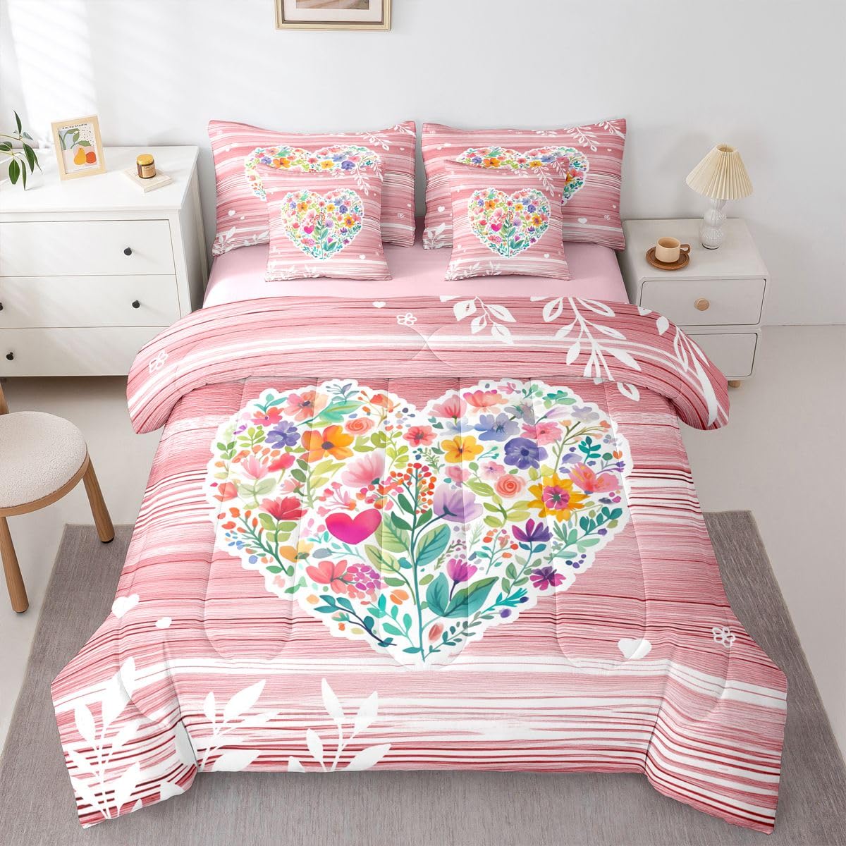 Erosebridal Pink Valentine 7 Piece Bed in A Bag King Comforter Set Love Heart Flowers Bedding Set for Girls Romantic Floral Heart Shaped Sheet Set with Comforter Geometric Stripes Cottagecore Quilt