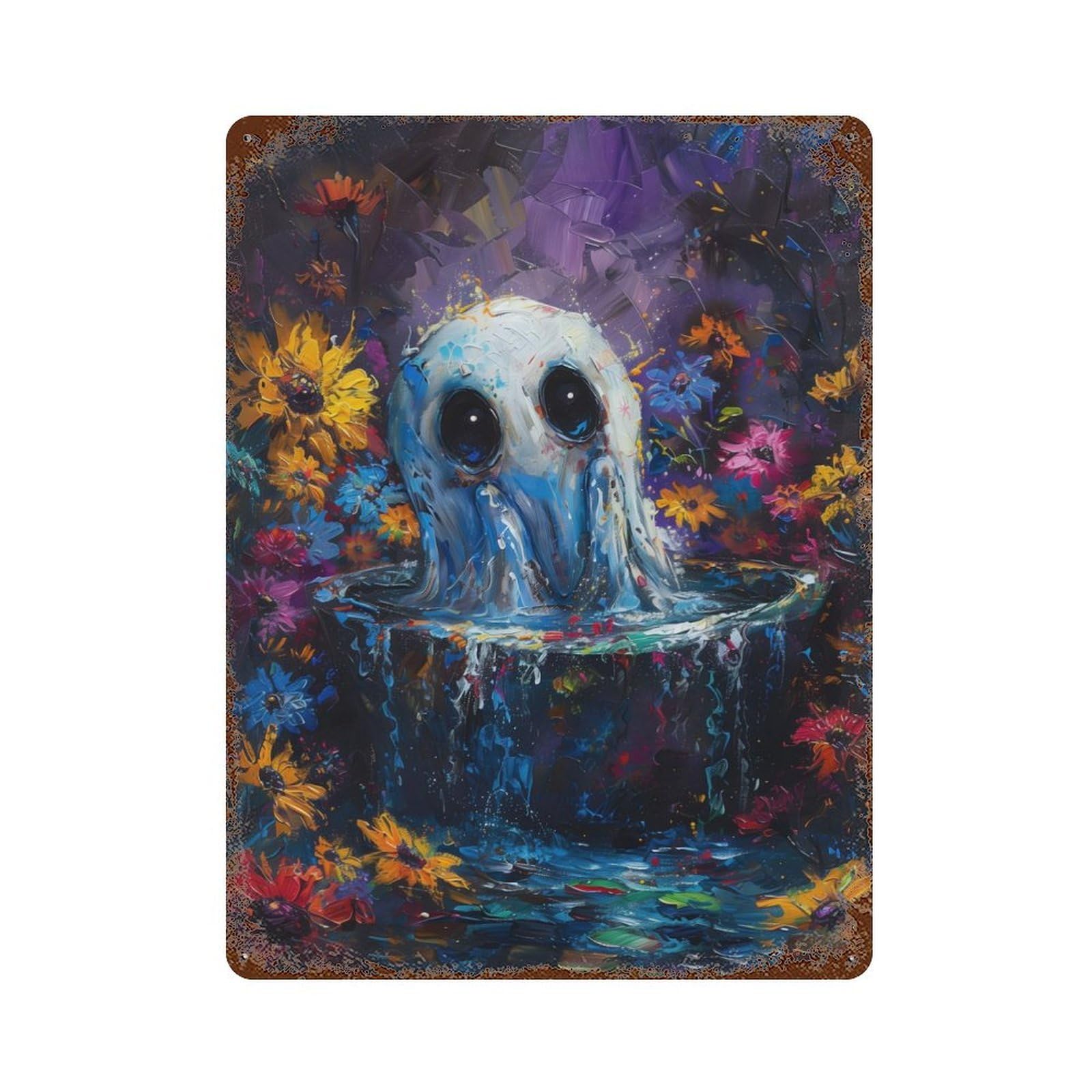 Retro Metal Sign with Ghost in A Pool of Flowers Design 15.7"x11.8", for Bistro, Counter And Cafe Decor, Shabby Chic Decor